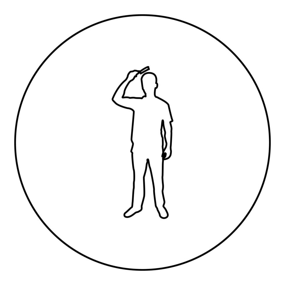 el hombre está peinando el cabello usar cepillo para el cabello vista frontal silueta en círculo redondo color negro vector ilustración contorno estilo imagen