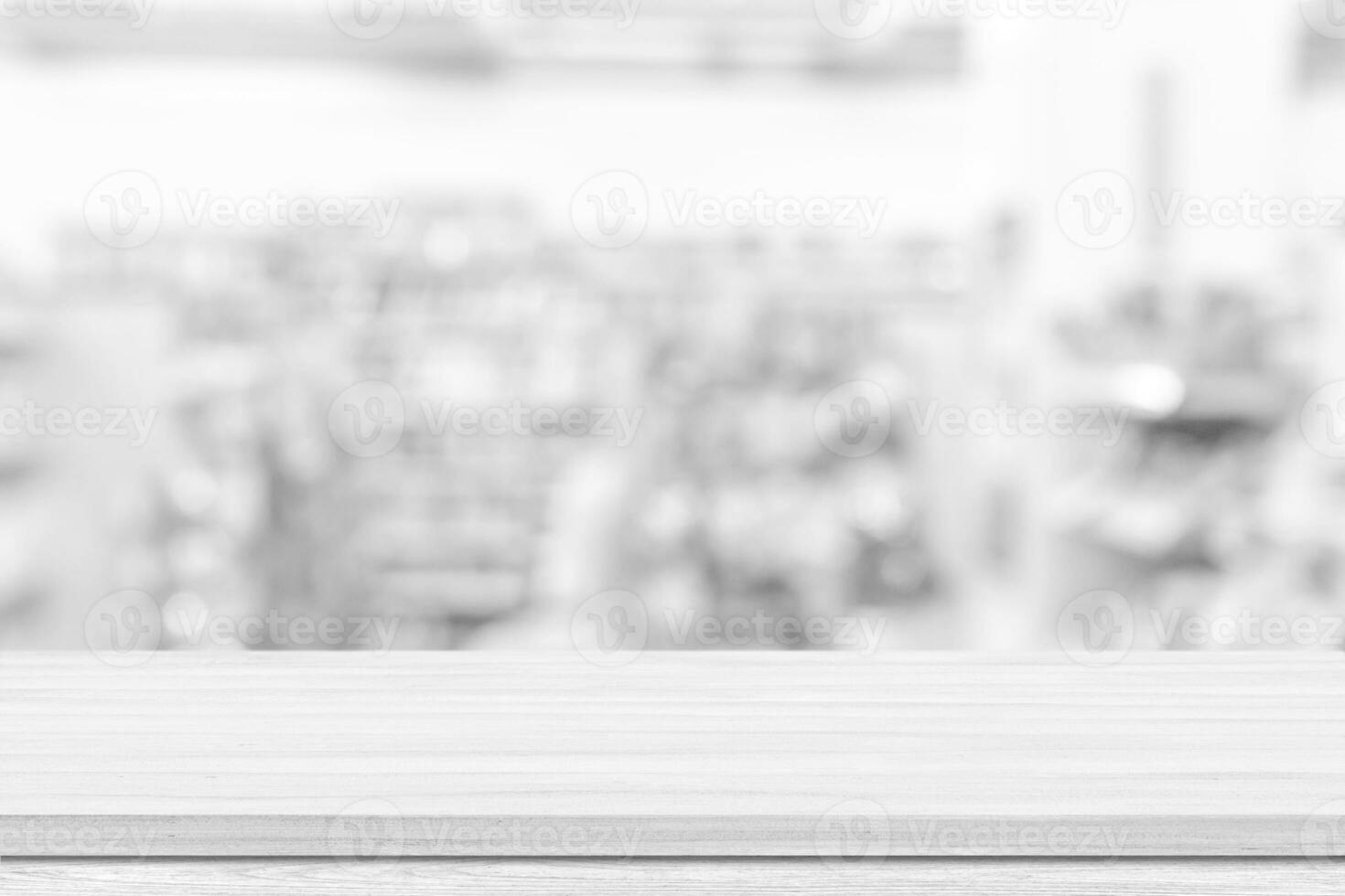 Empty white table top, counter over blur white bokeh light background. Empty wood shelf for product display, banner or mockup. photo