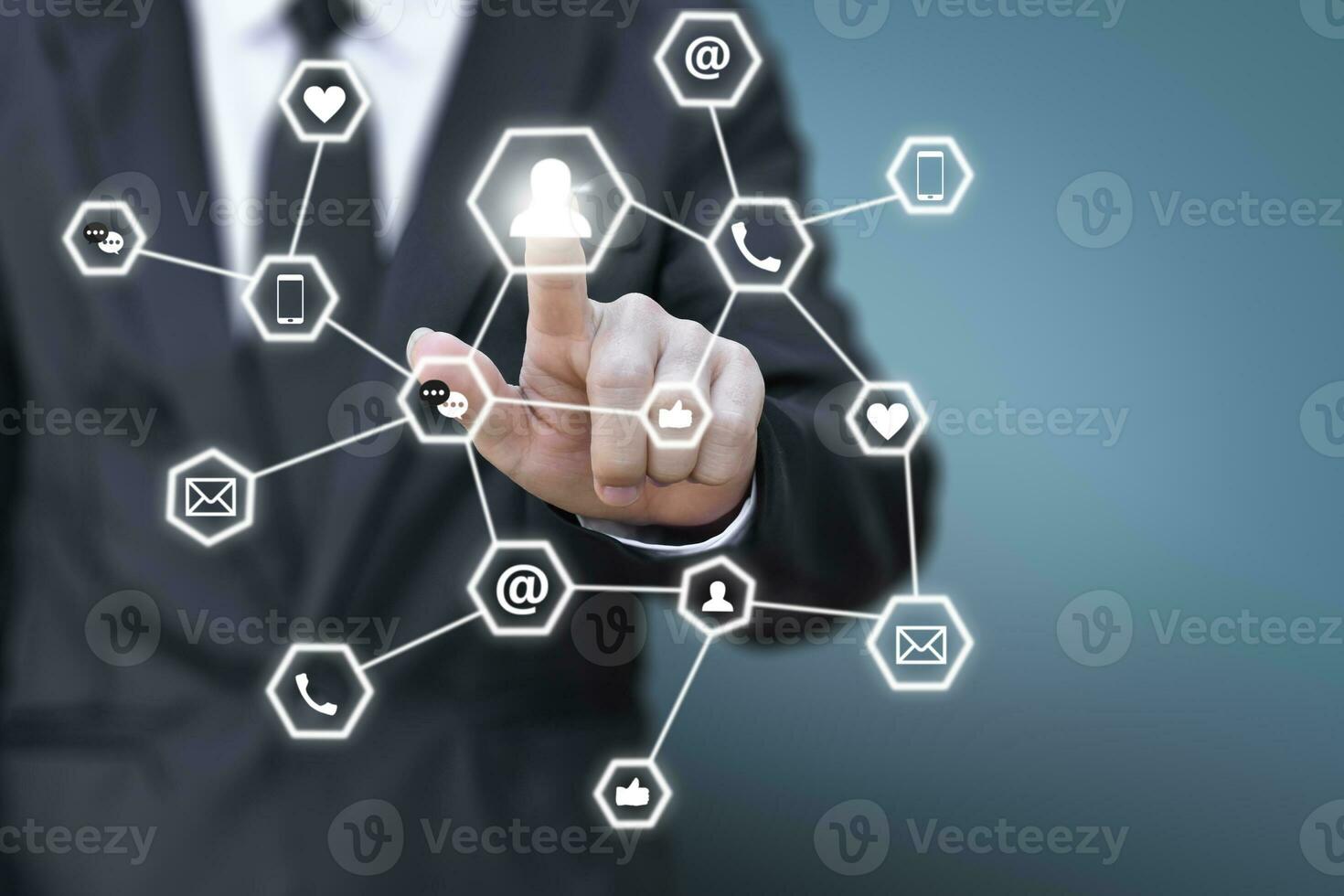 Businessman hand pressing unlock icon on virtual screen for network connection. Concept of global communication in business. photo