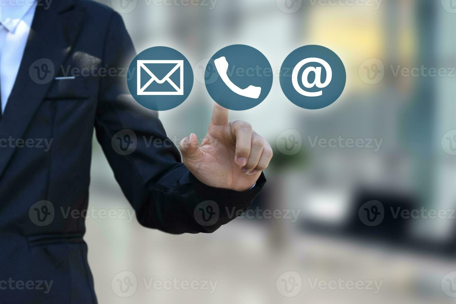 Businessman choosing virtual contact icon. CONTACT US Customer Support Hotline people connect photo