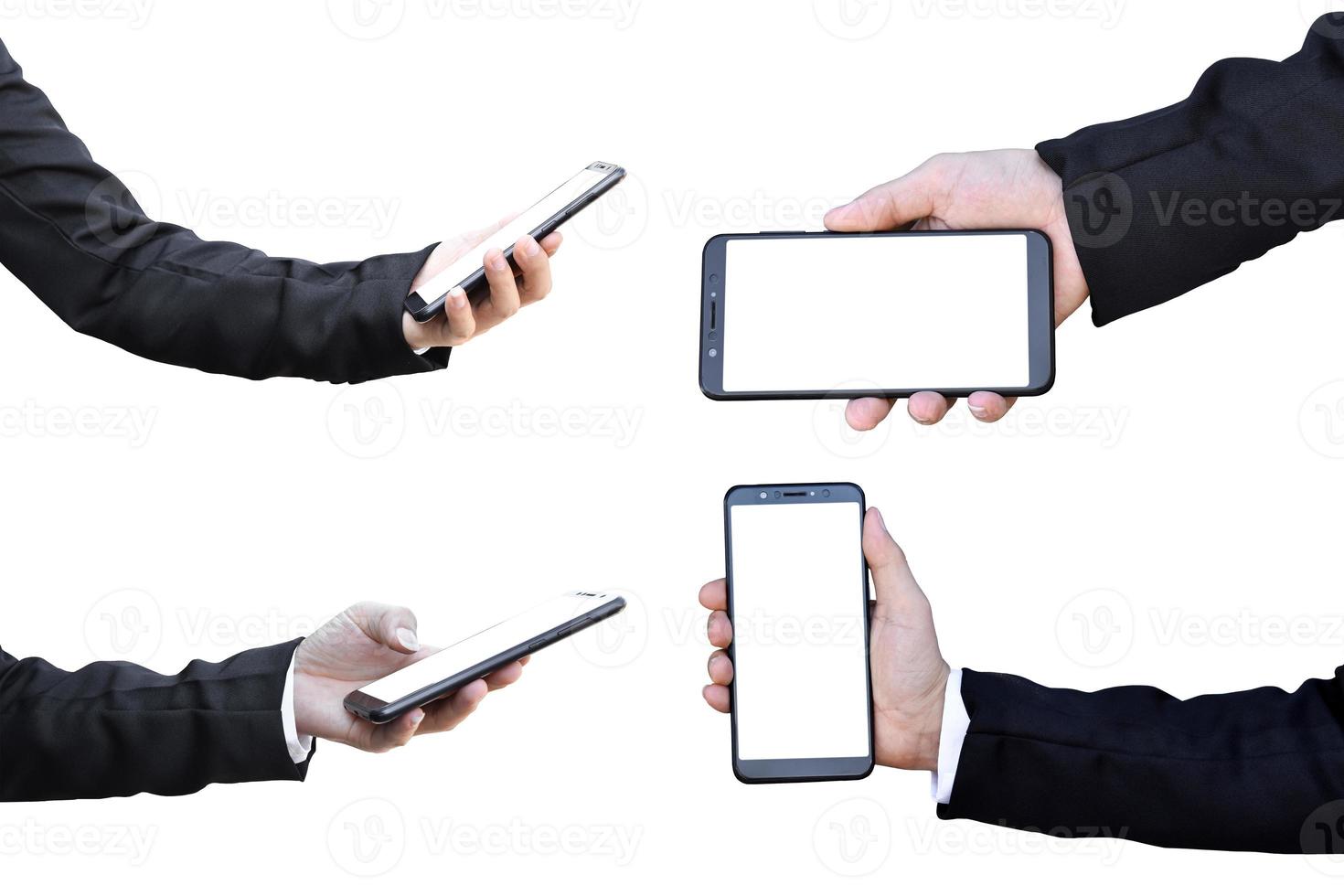 Collection hand of businessman holding blank screen smartphone, Isolated on white background with clipping path. photo