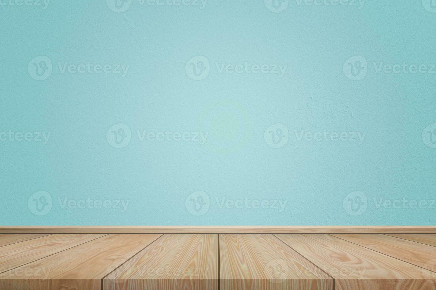 Empty interior room with light blue cement wall texture and brown wooden floor pattern. Concept interior vintage style photo