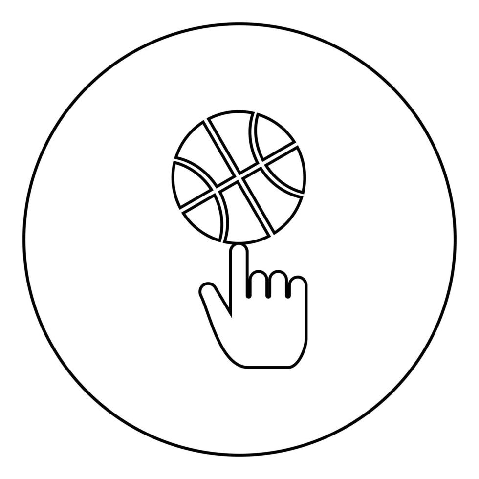 pelota de baloncesto girando sobre el icono del dedo índice en círculo contorno redondo color negro vector ilustración imagen de estilo plano