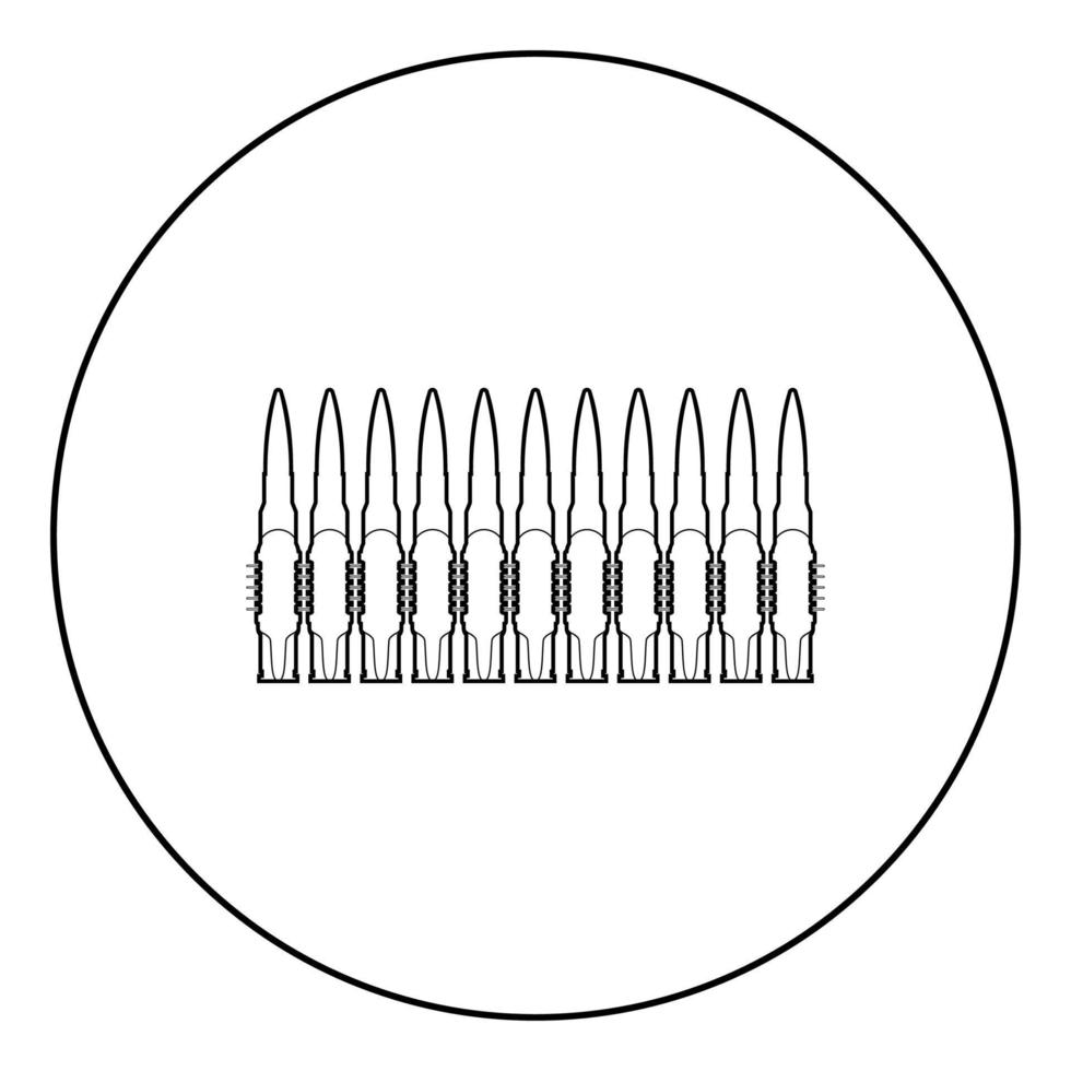 balas en fila cinturón ametralladora cartuchos bandoleer guerra concepto icono en círculo contorno redondo color negro vector ilustración imagen de estilo plano