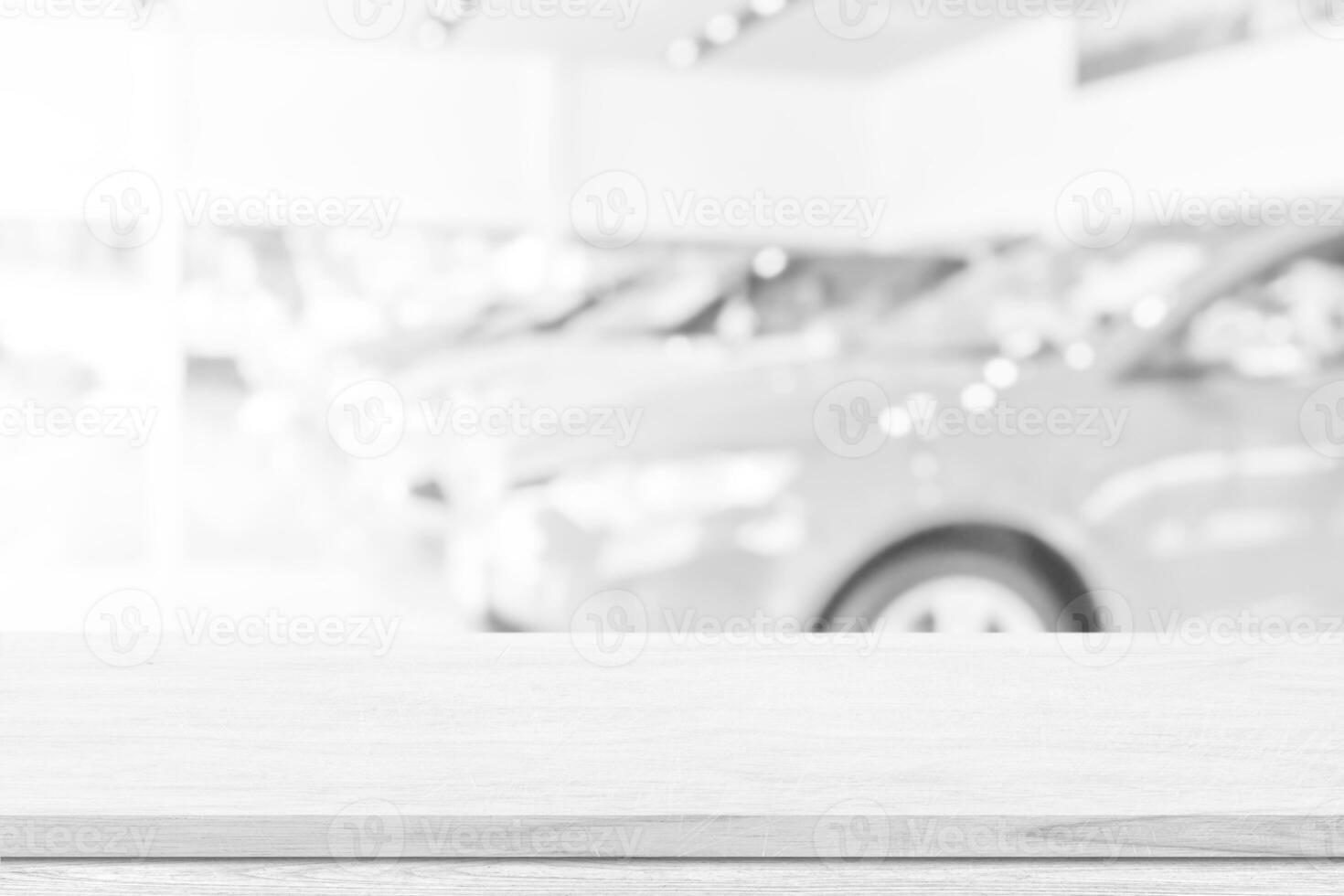 Empty white table top, counter over blur white bokeh light background. Empty wood shelf for product display, banner or mockup. photo