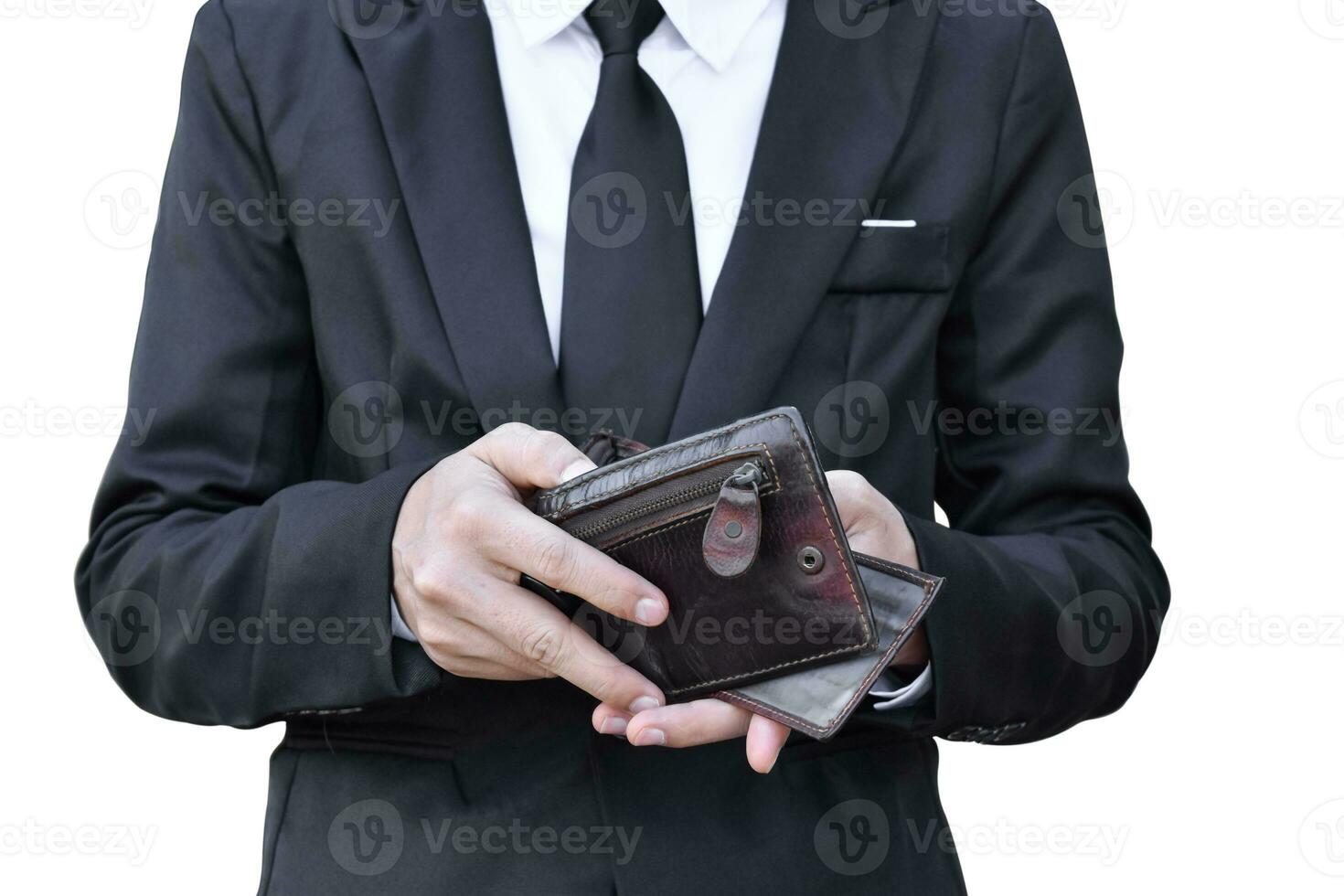 Close up of businessman counts the income or salary on leather wallet. Isolated on white background with clipping path. photo