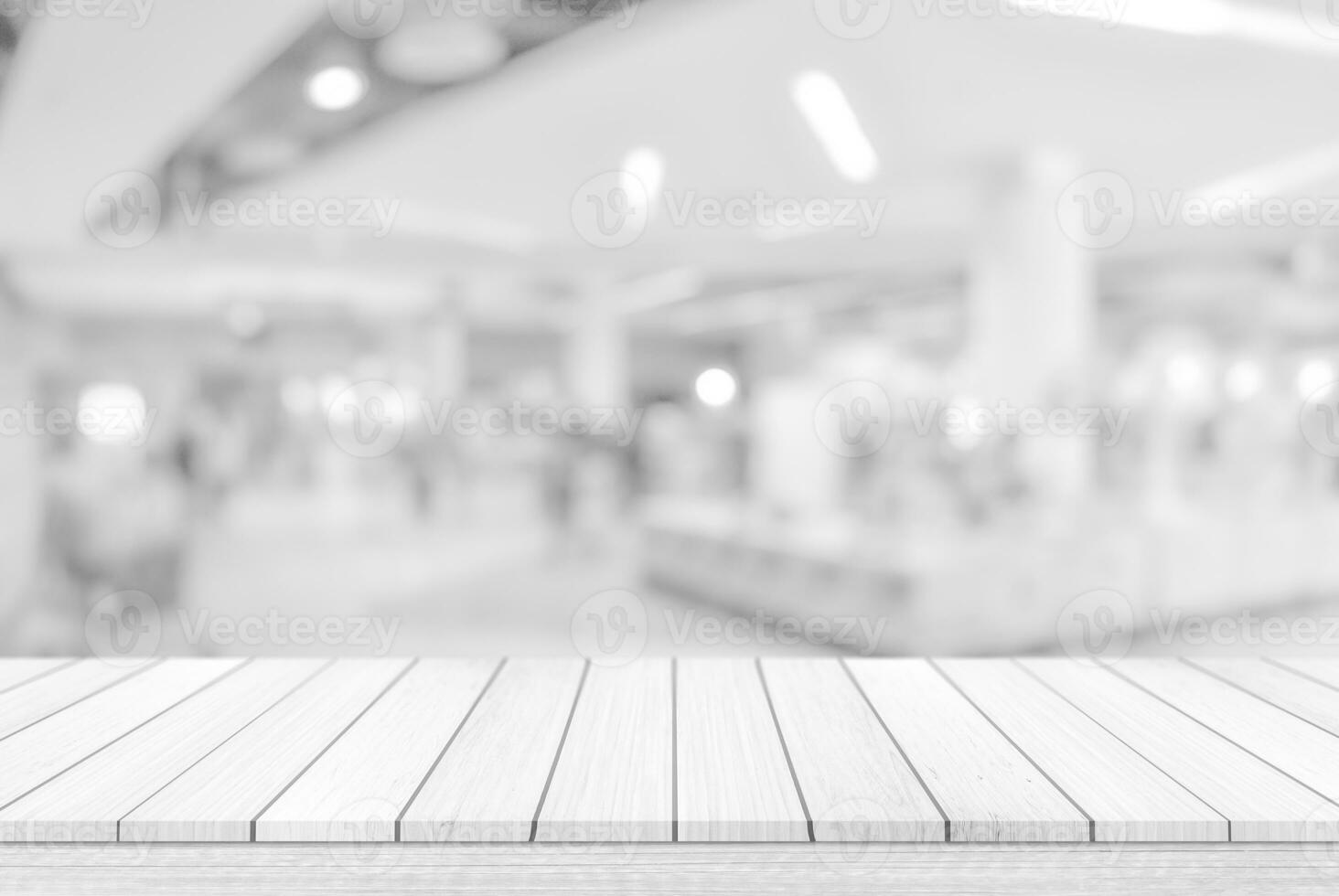 Empty white table top, counter over blur white bokeh light background. wooden shelf for product display, banner or mockup. photo