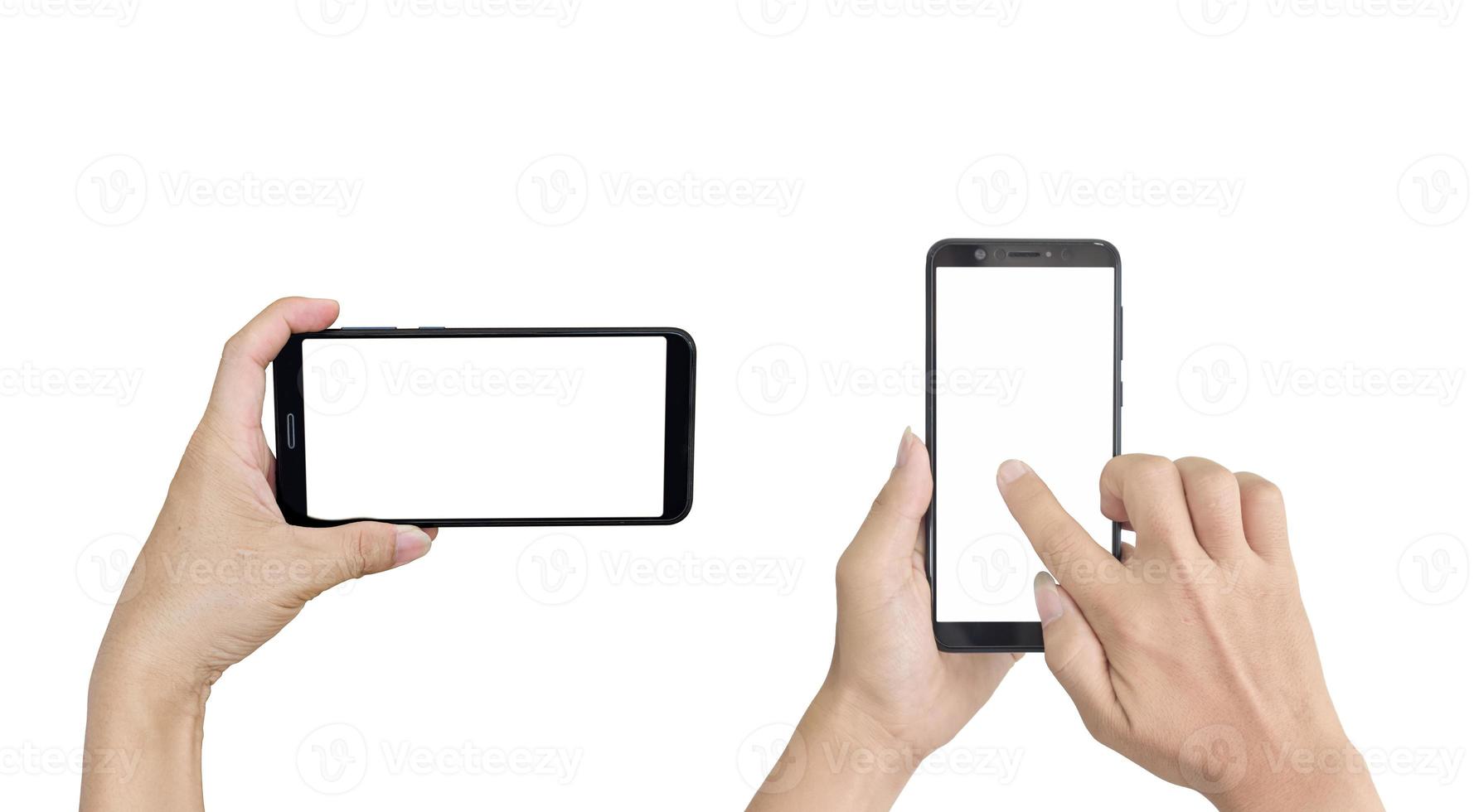 Hand holding blank screen smartphone, Isolated on white background with clipping path. photo