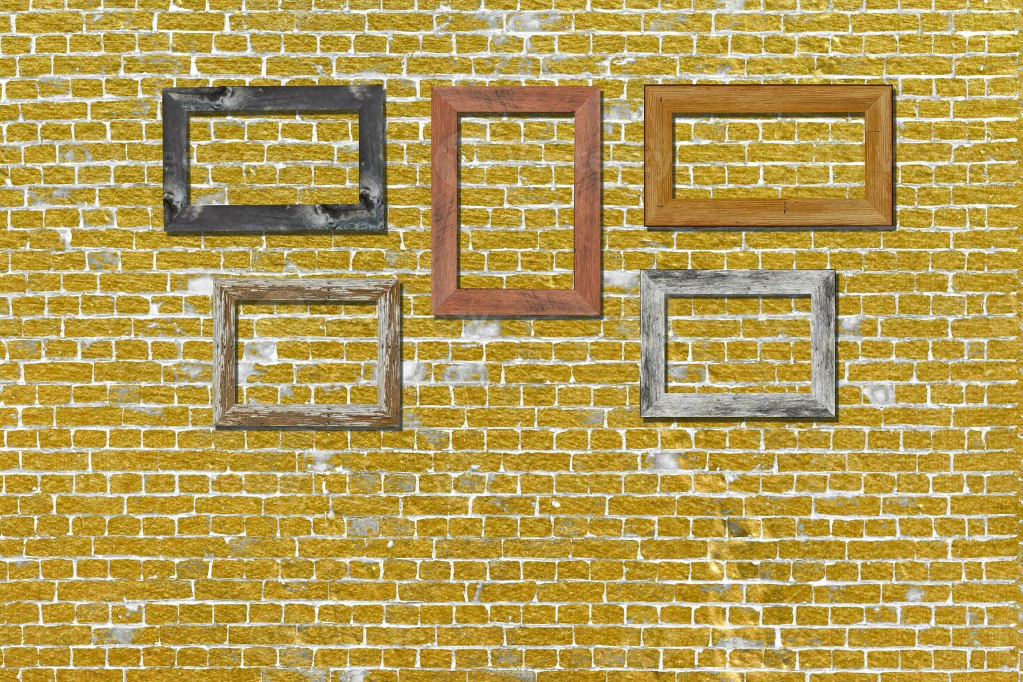 3D vintage photo frames on golden brick wall for interior or background.