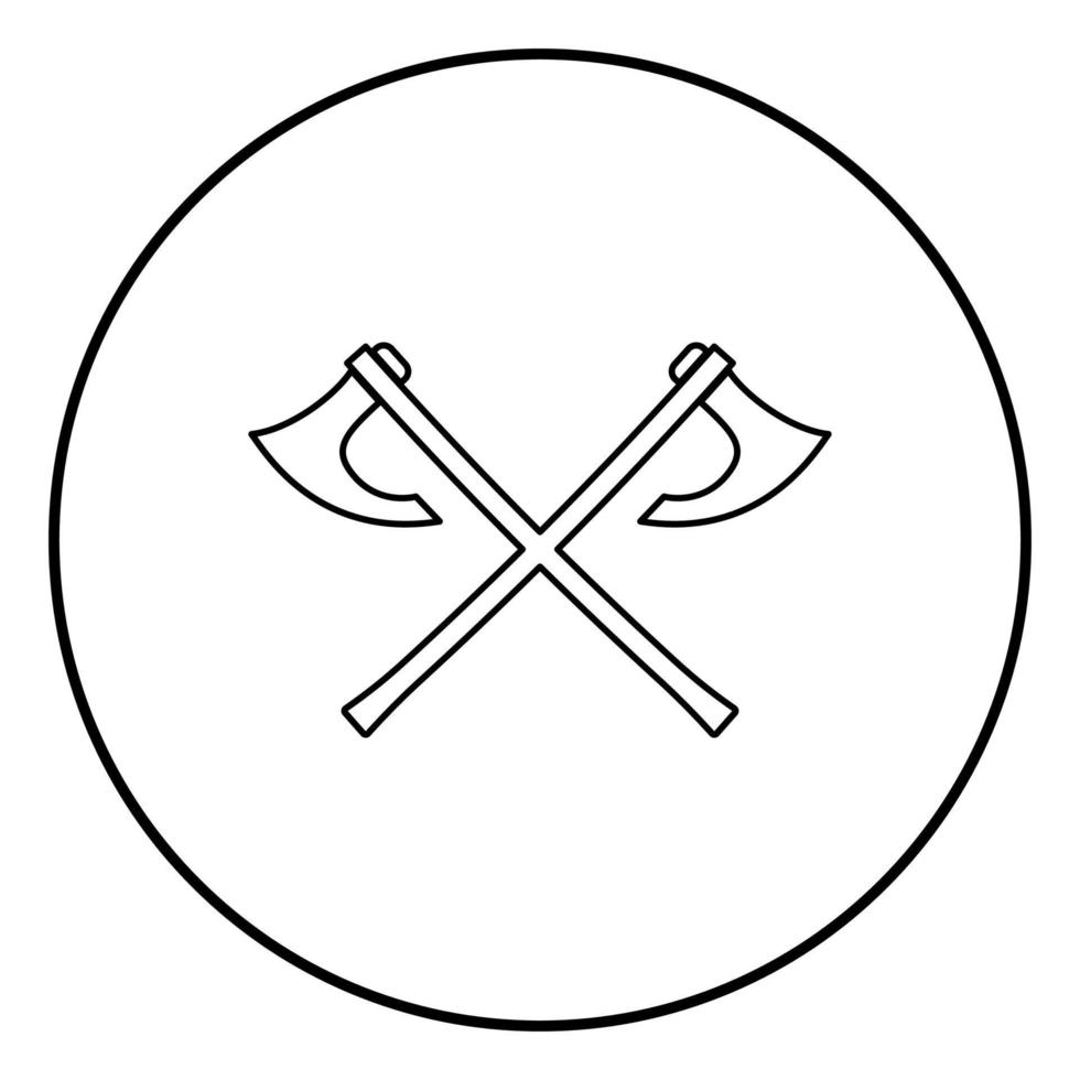 Two battle axes vikings icon outline black color vector in circle round illustration flat style image