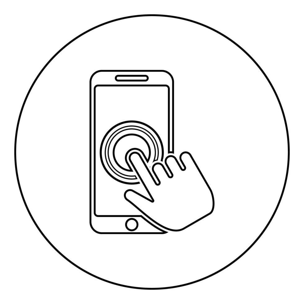haga clic en el teléfono inteligente de pantalla táctil teléfono inteligente moderno con la mano haciendo clic en el dedo de la pantalla haga clic en la acción del teléfono móvil en aplicaciones teléfono celular usando el icono del teléfono en el vector de color negro de contorno redondo