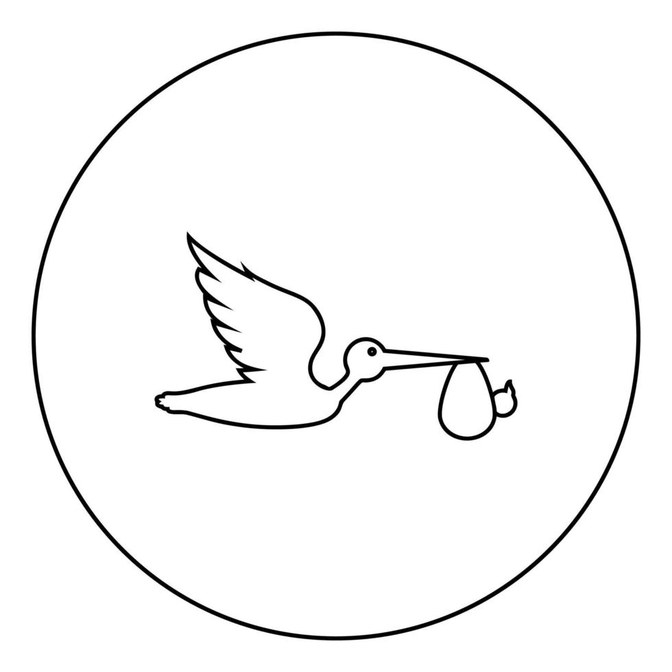 Stork carries baby in bag Flying bird with kind in beak bundle icon in circle round outline black color vector illustration flat style image