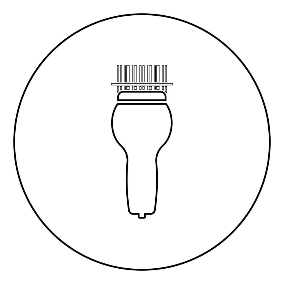 Scanning barcode with hand scanner icon in circle round outline black color vector illustration flat style image