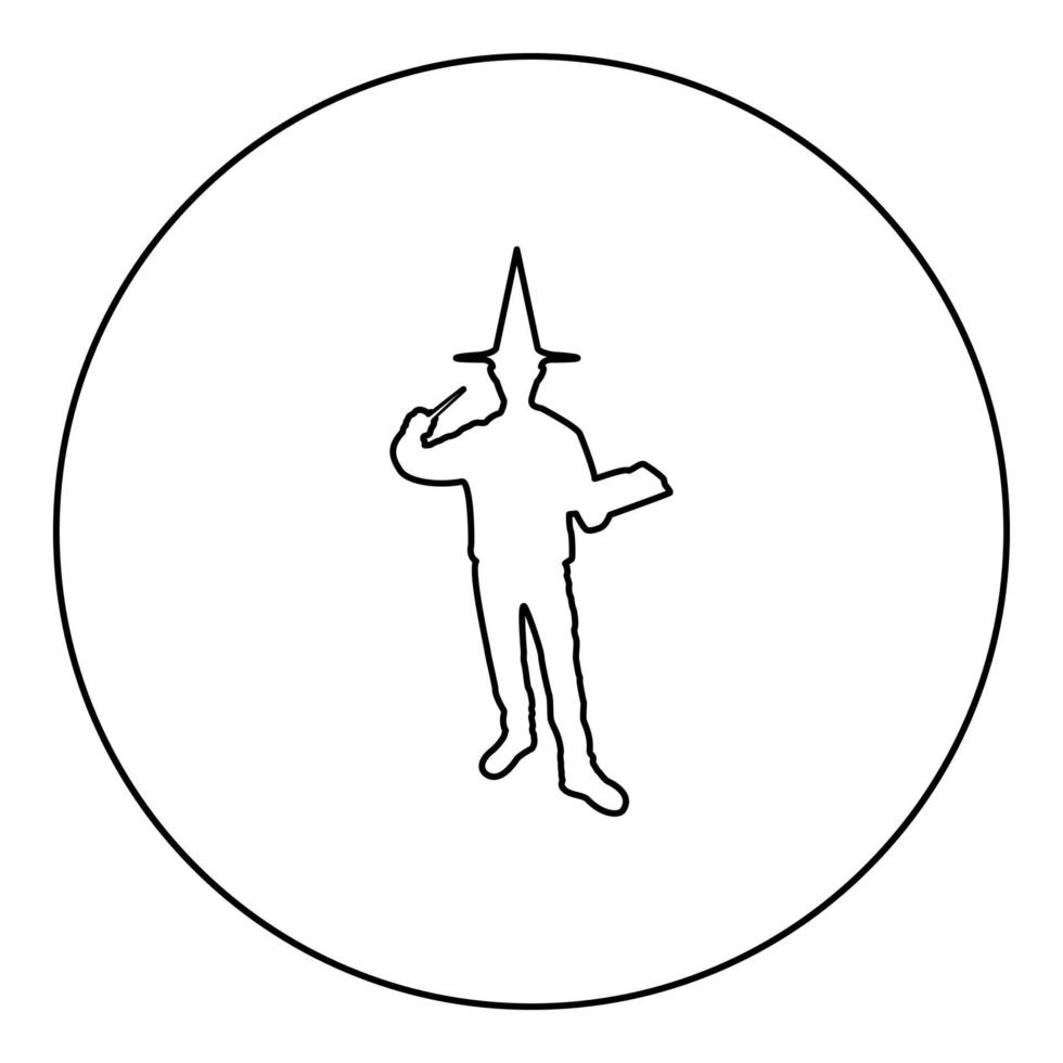 Wizard holds magic wand trick book Waving Sorcery concept Magician Sorcerer Fantasy person Warlock man in robe with magical stick Witchcraft in hat mantle Mage conjure Mystery idea Enchantment vector