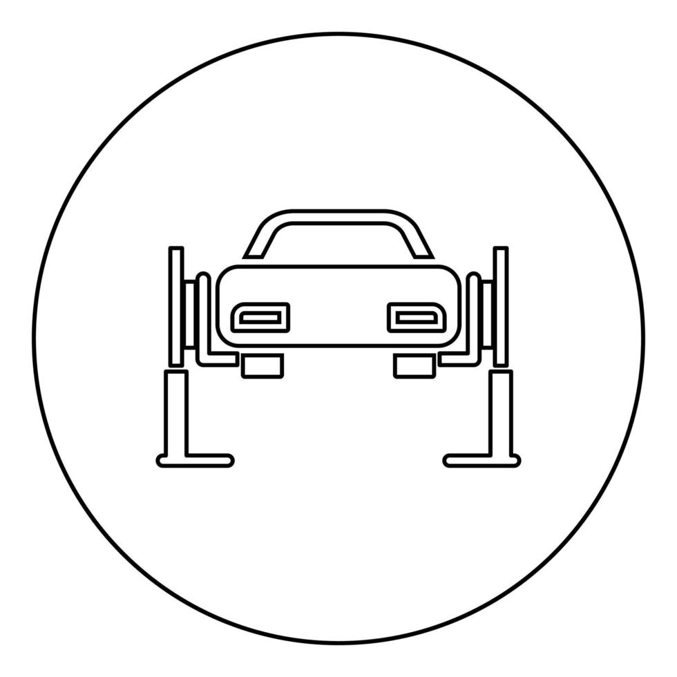Car lift Car repair Service concept Car on fix lift Car lifted on auto lift icon in circle round outline black color vector illustration flat style image