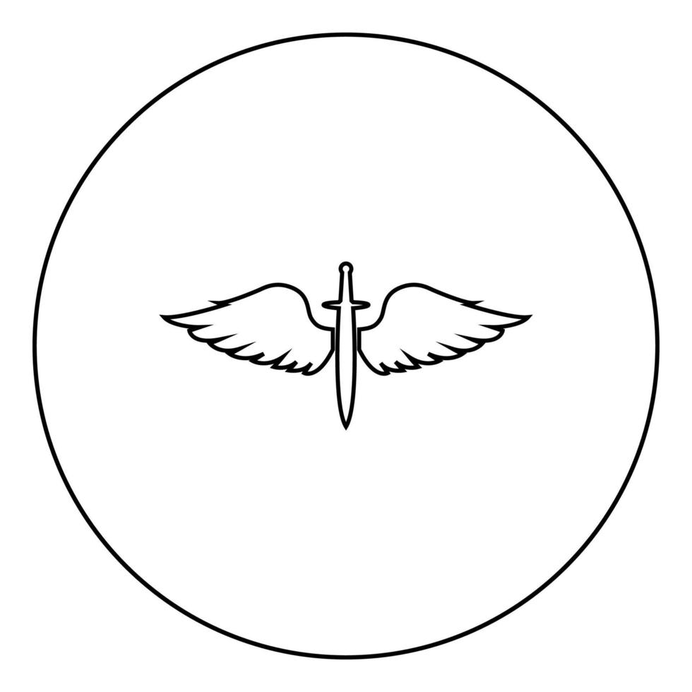 Wings and sword symbol cadets Winged blade weapon medieval age Warrior insignia Blazon bravery concept icon in circle round outline black color vector illustration flat style image