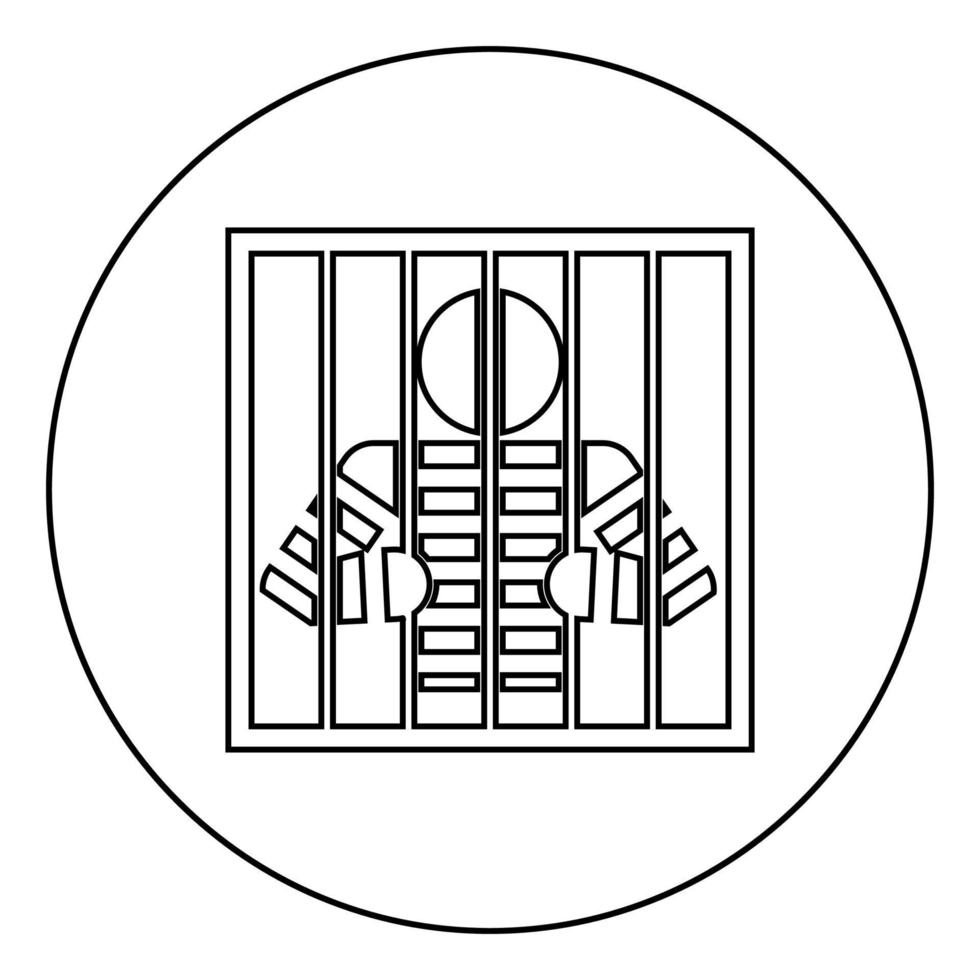 Prisoner behind bars holds rods with his hands Angry man watch through lattice in jail Incarceration concept icon in circle round outline black color vector illustration flat style image