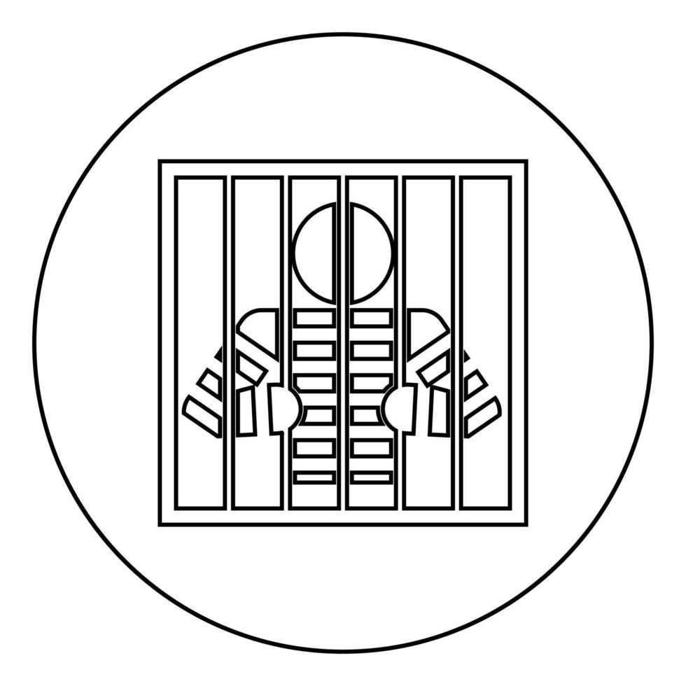 Prisoner behind bars holds rods with his hands Angry man watch through lattice in jail Incarceration concept icon in circle round outline black color vector illustration flat style image