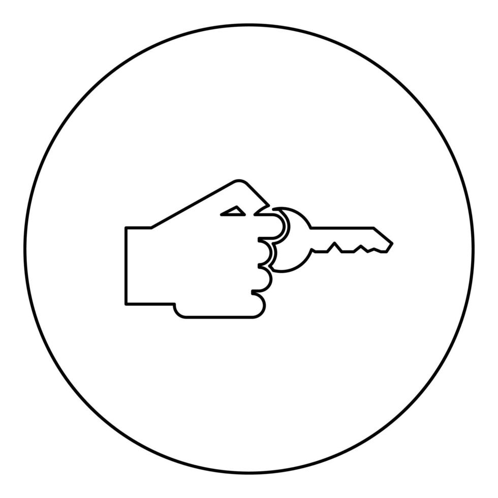 Hand holds key Concept opening Idea success Business access sign Unlock solution Passkey Rent Accessibility symbol icon in circle round outline black color vector illustration flat style image