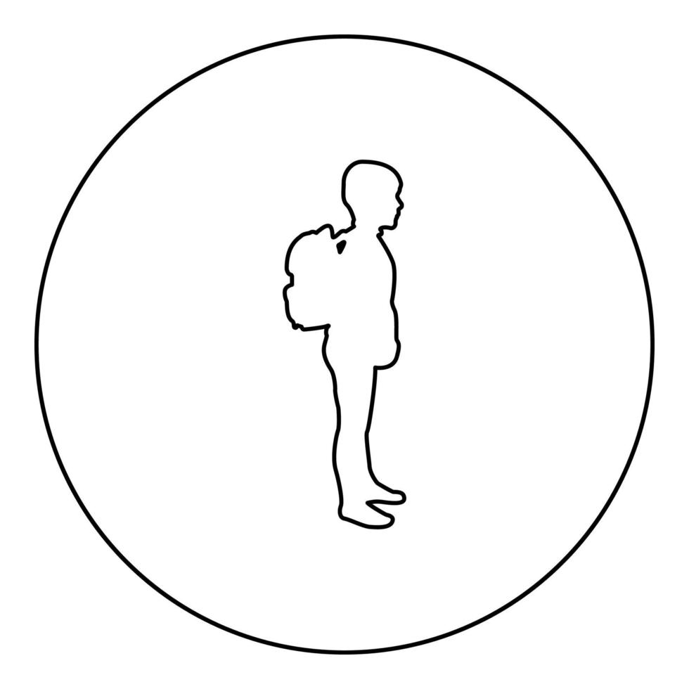 Schoolboy with backpack Pupil stand carrying on back Going to school concept Come back to school idea education Preschooler rucksack first September start lessons knapsack Side view silhouette in vector