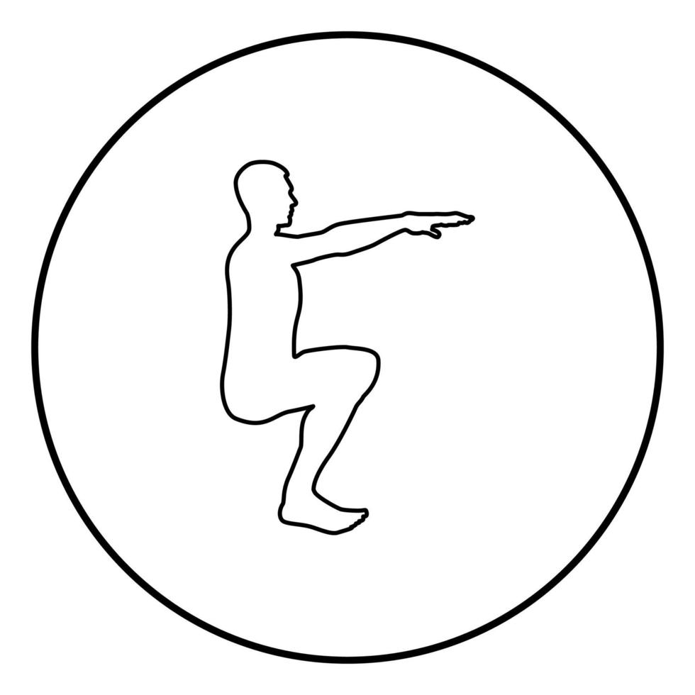 Crouching Man doing exercises crouches squat Sport action male Workout silhouette side view icon black color illustration in circle round vector