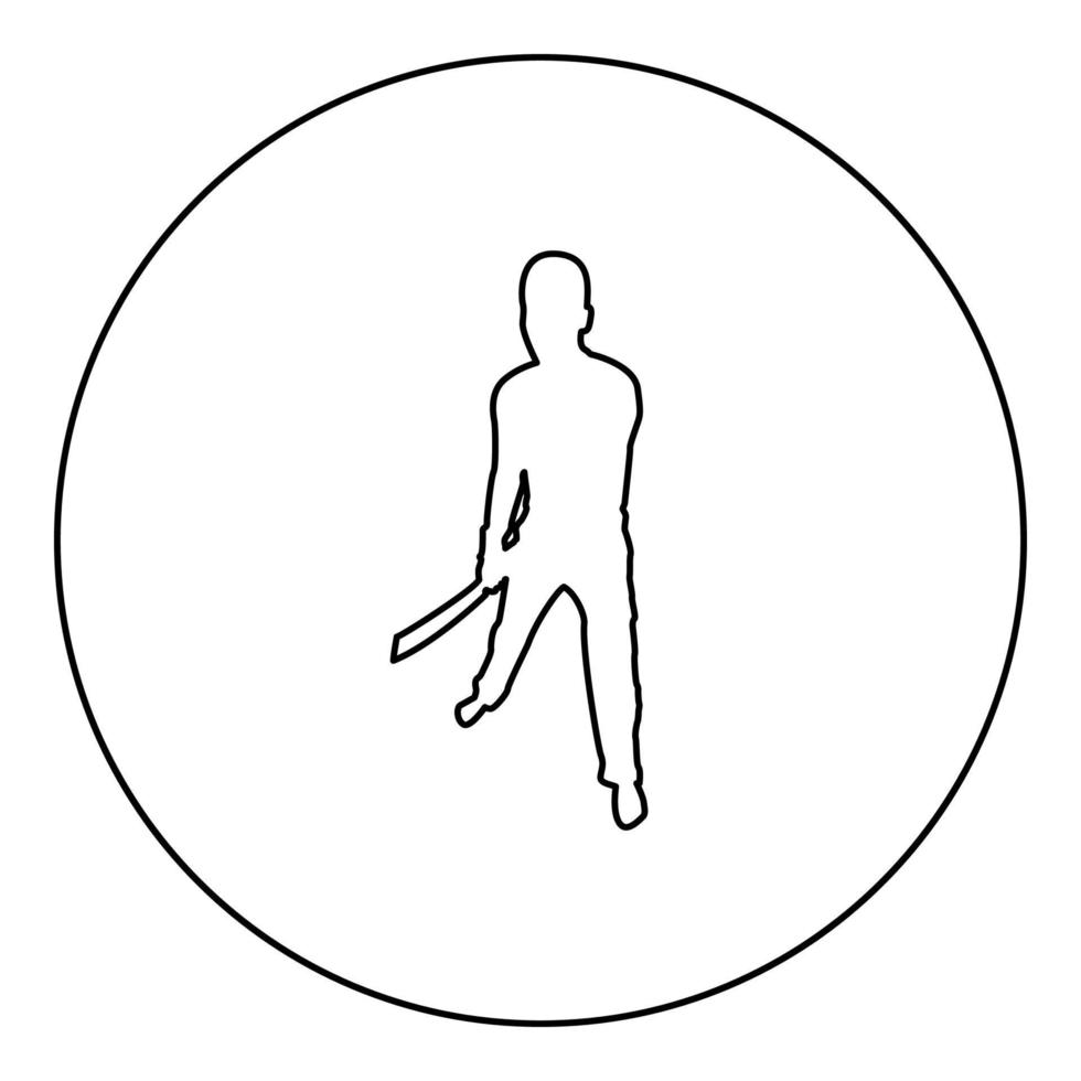 Man with sword machete Cold weapons in hand military man Soldier Serviceman in positions Hunter with knife Fight poses Strong defender Warrior concept Weaponry Stand silhouette in circle round black vector