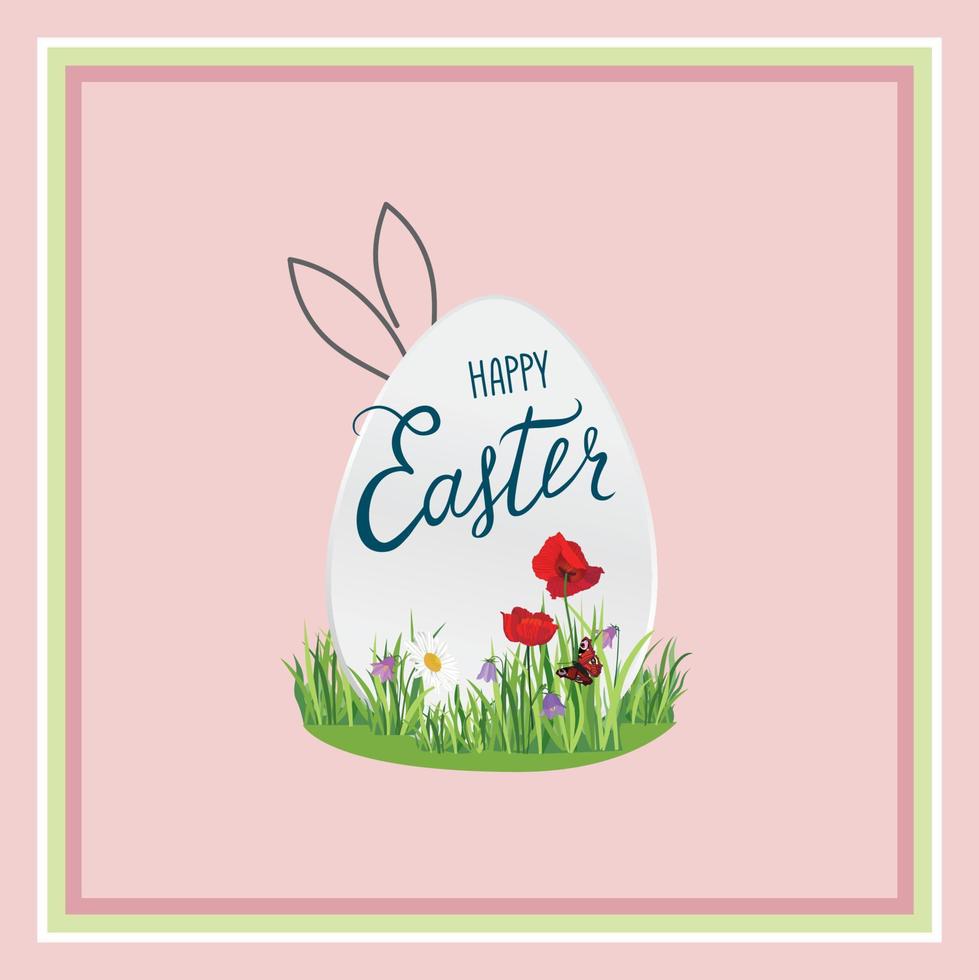 Happy Easter greeting card. Easter egg over field grass and flowers pattern. Festive spring holiday background vector