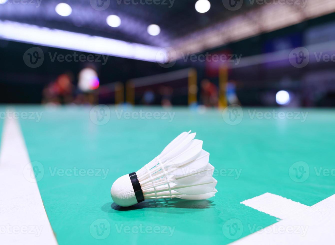 shuttlecock on green badminton playing court photo