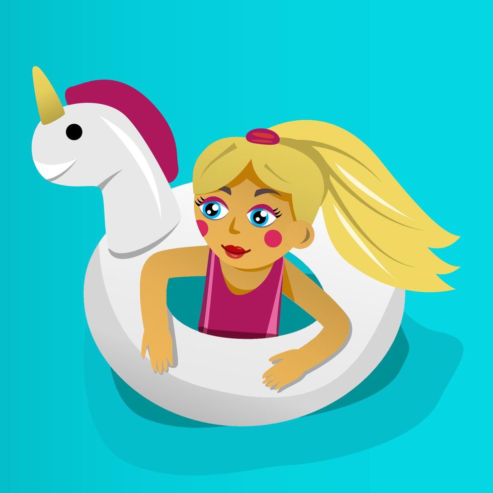 Little girl swimming in unicorn-form lifebuoy. Vector illustration.