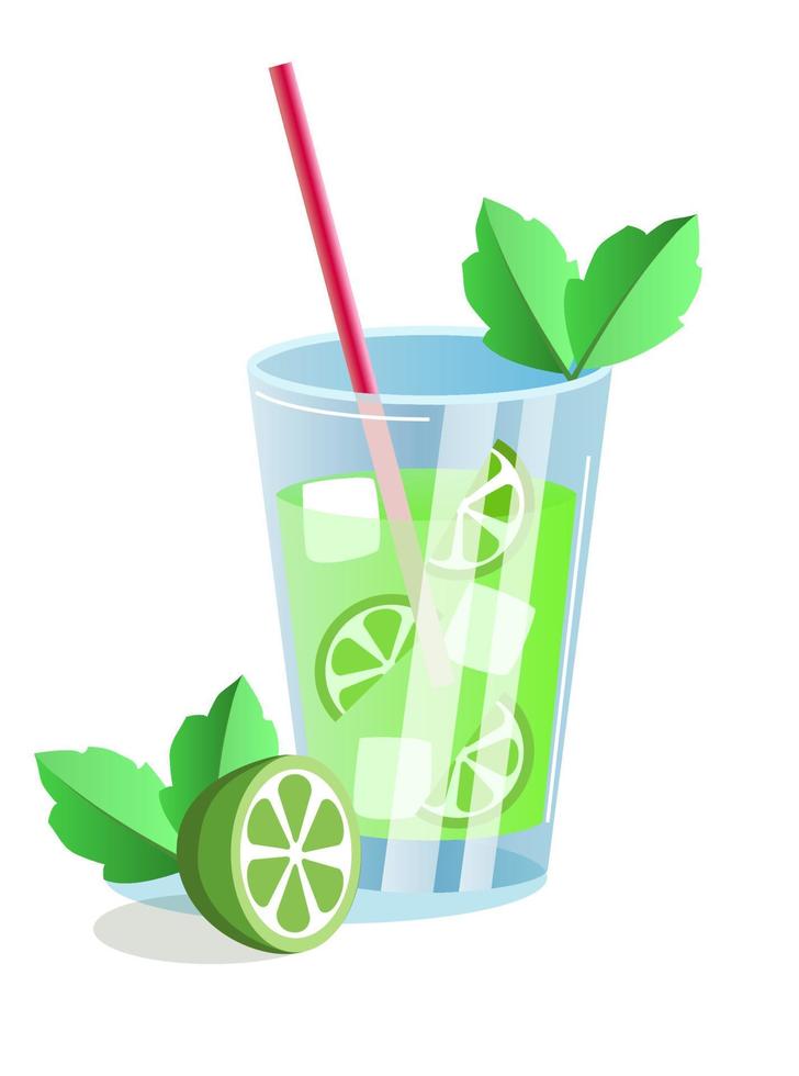 Mojito cocktail with lime and mint. Vector illustration.