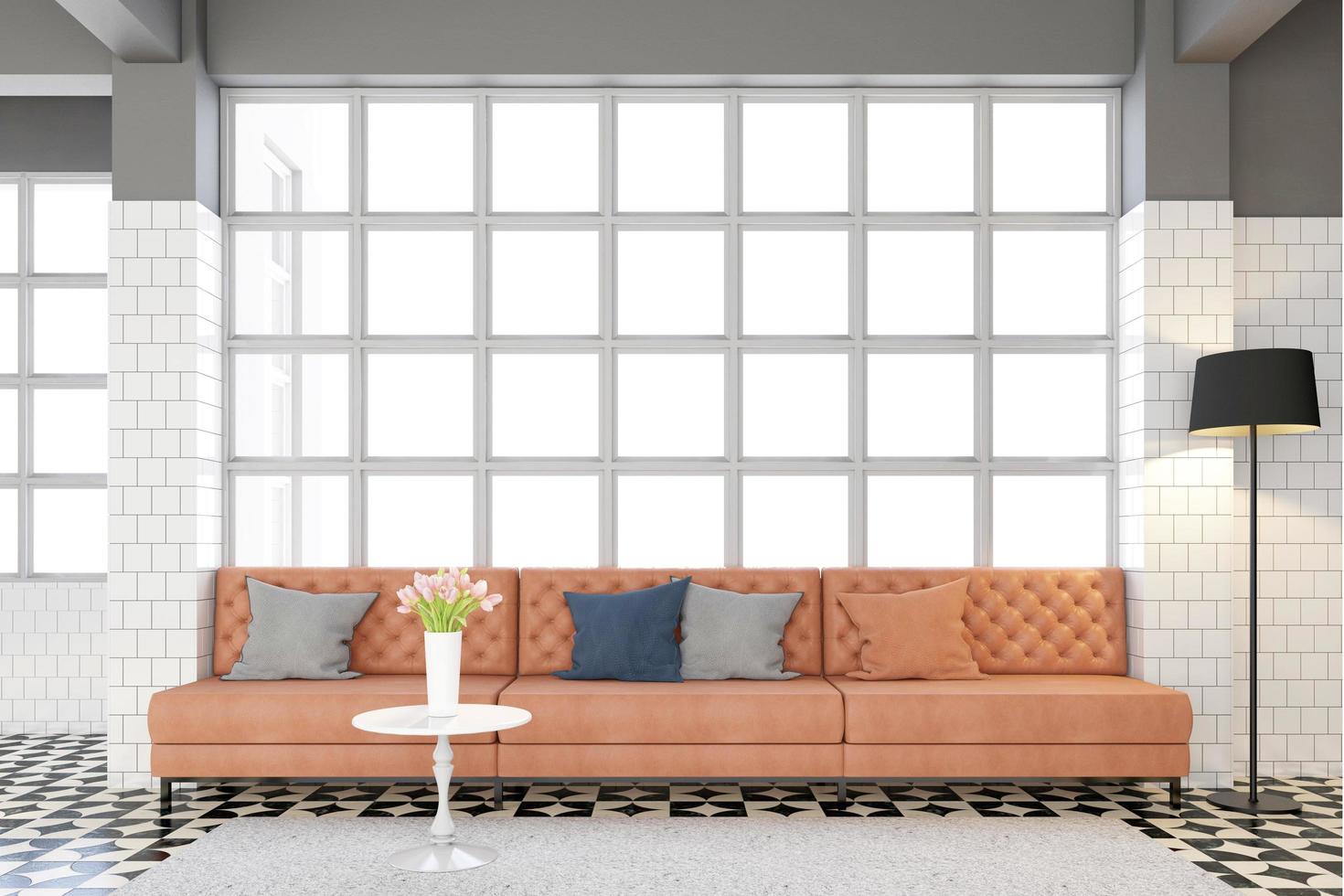 sala de estar con sofá de cuero naranja de lujo y lámpara de pie negra, mesa auxiliar y jarrón de flores, ventanas blancas y vidrio transparente. representación 3d foto