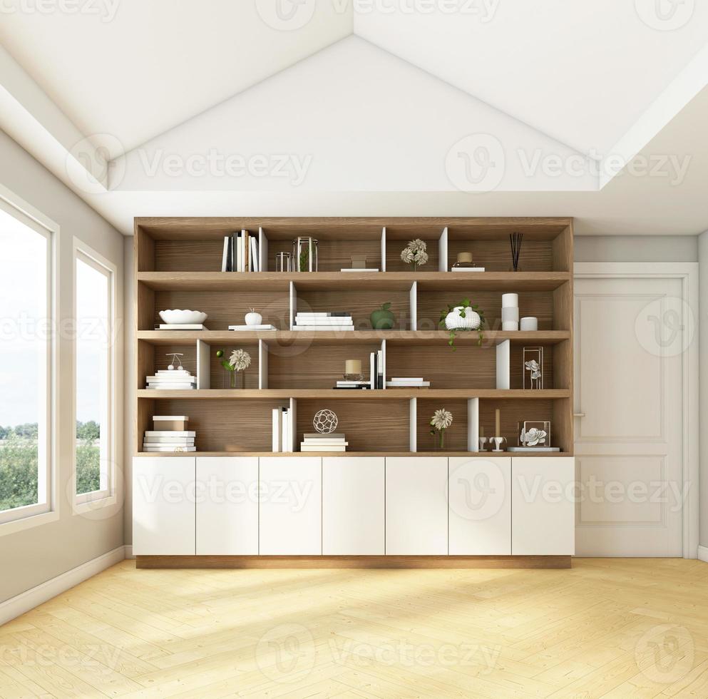 Nordic style workroom with empty space and bookshelf. 3d rendering photo