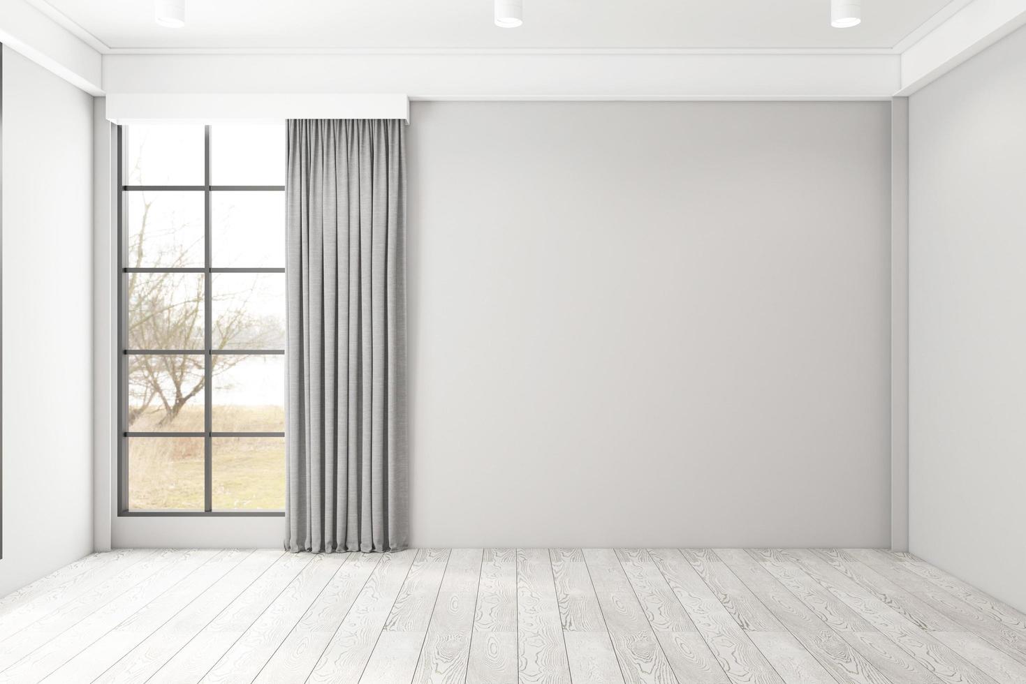 habitación vacía con ventanas y cortinas blancas, suelo de madera.  representación 3d 6653202 Foto de stock en Vecteezy