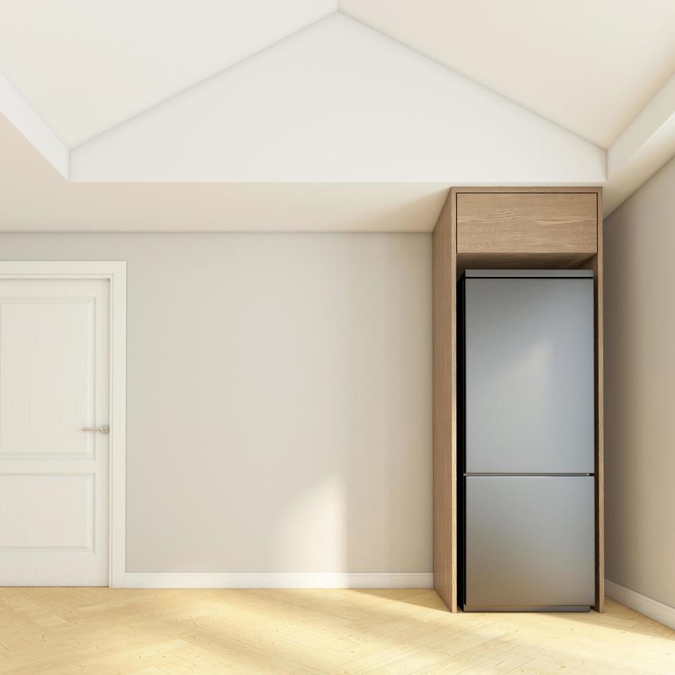 Kitchenette with built-in counters and wood cabinet. 3D rendering photo