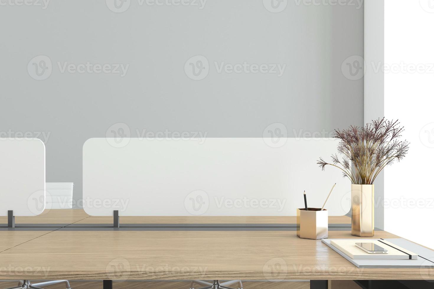 Workspace with minimalist desk and wood top, gray wall, 3D rendering. photo