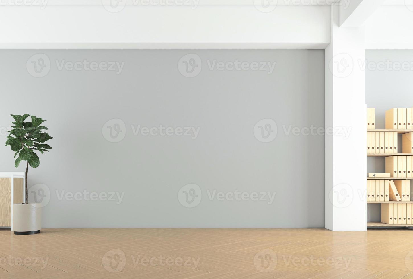 habitación vacía con muebles minimalistas, paredes grises y suelo de madera. representación 3d foto