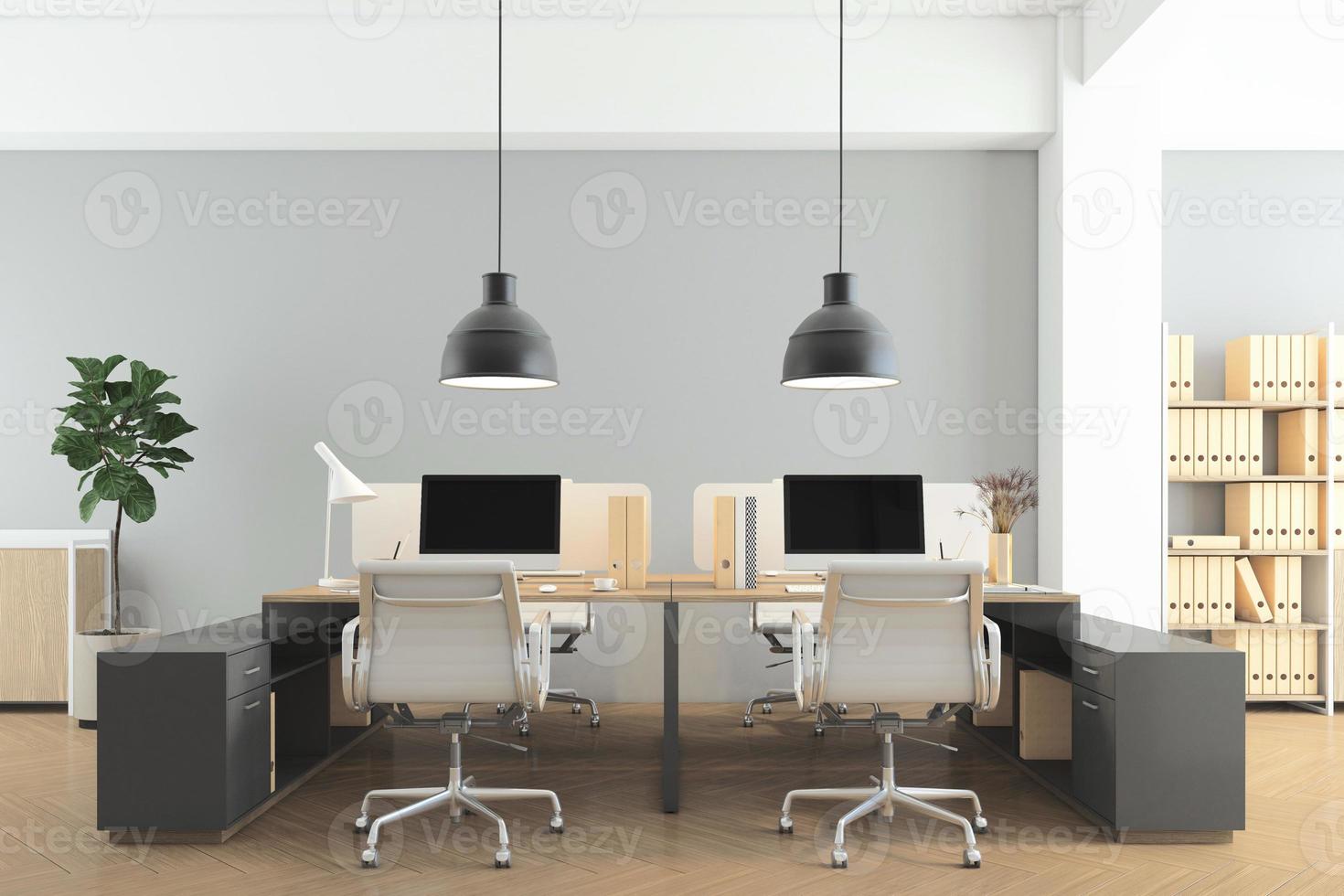 Office room with minimalist furniture and hanging lamp, gray wall and wood floor. 3d rendering photo