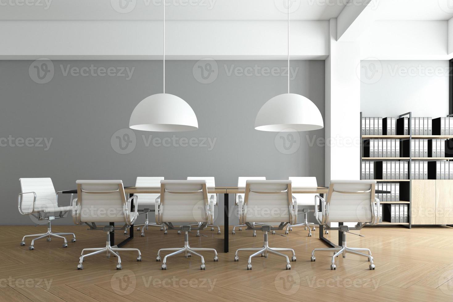 Minimalist meeting room with wood file cabinet and hanging lamp, gray wall and wood floor. 3d rendering photo