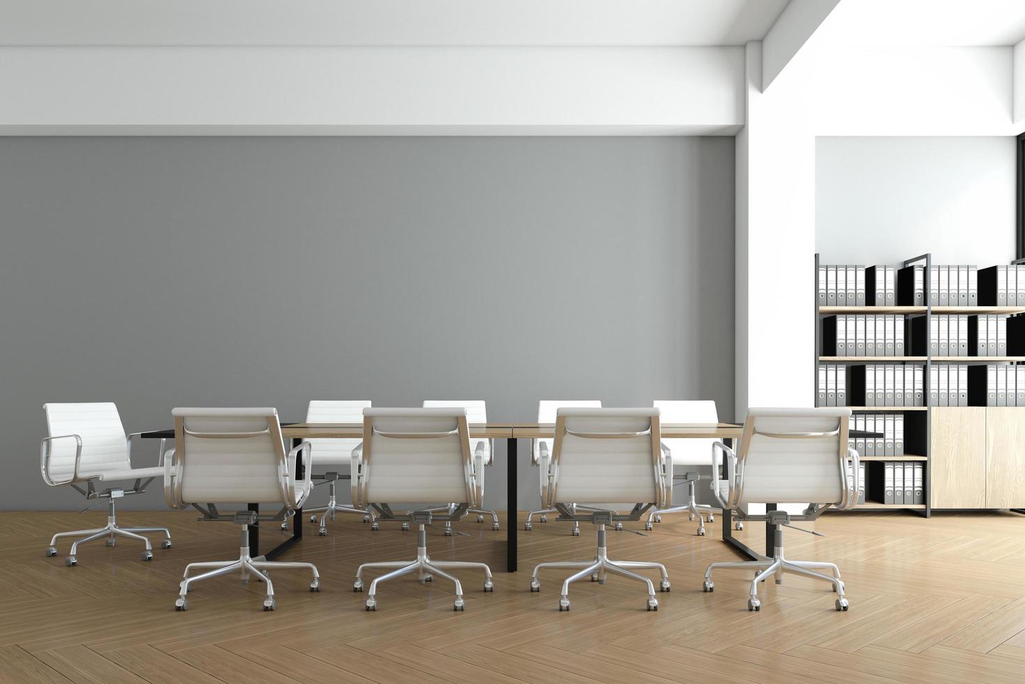 Minimalist meeting room with gray wall and wood floor. 3d rendering photo