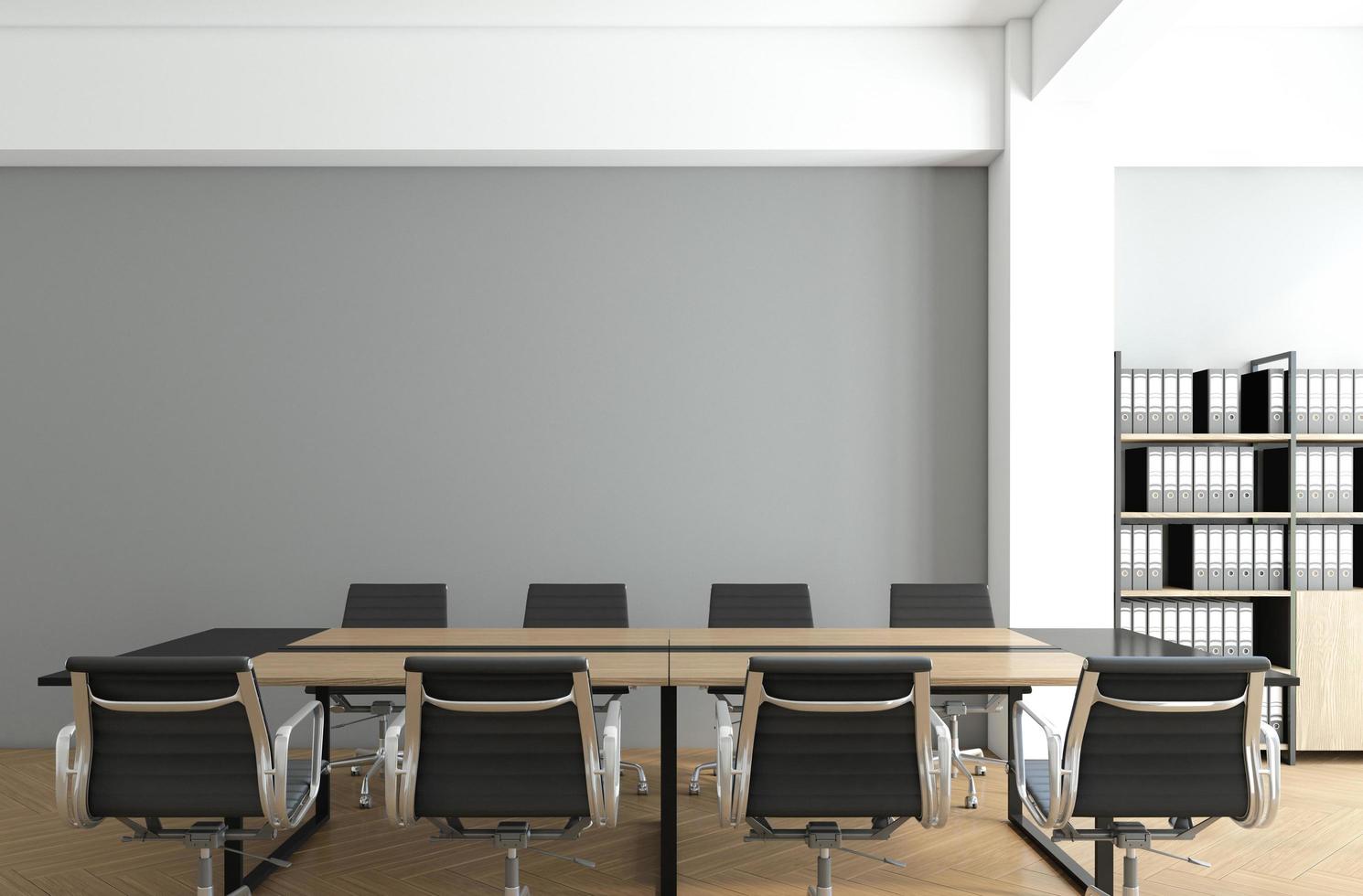 Minimalist meeting room with gray wall and wood floor. 3d rendering photo