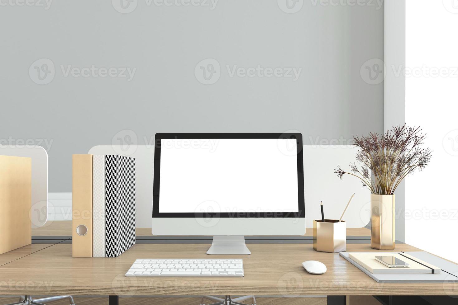 Office room with minimalist table and pc on top, gray wall. 3d rendering photo