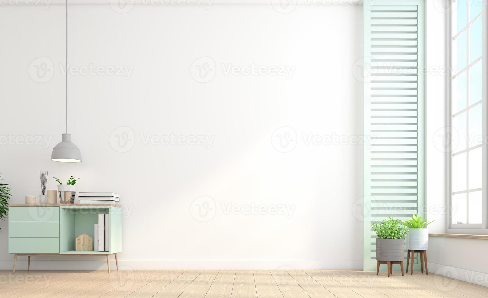 Minimalist interior of empty room with sideboard and white wall.3d rendering photo