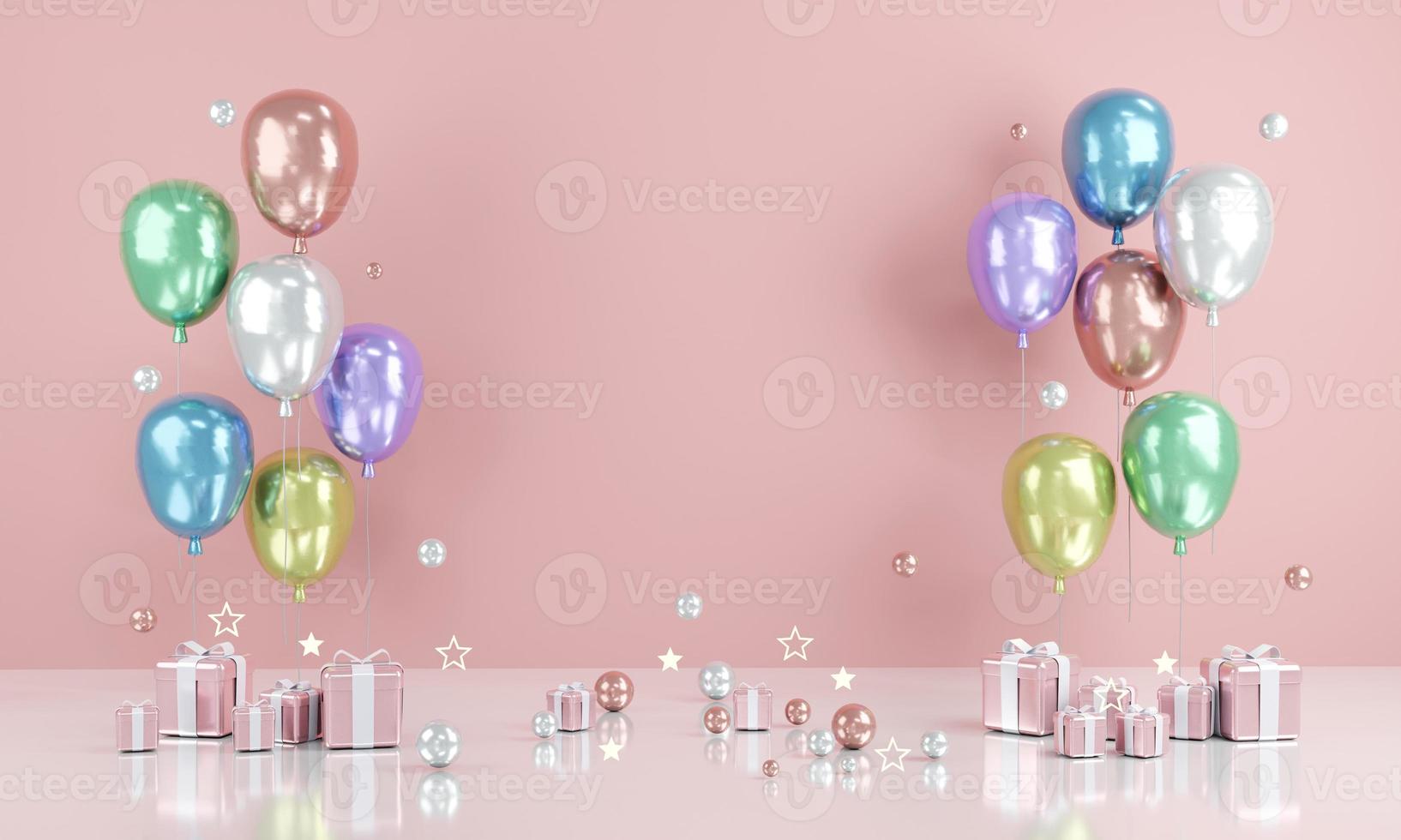 3D Rendering concept of invitation birthday valentine wedding card or for commercial. Realistic rose gold balloons with blank copy space for text and gift on background. 3D Render. 3D illustration. photo