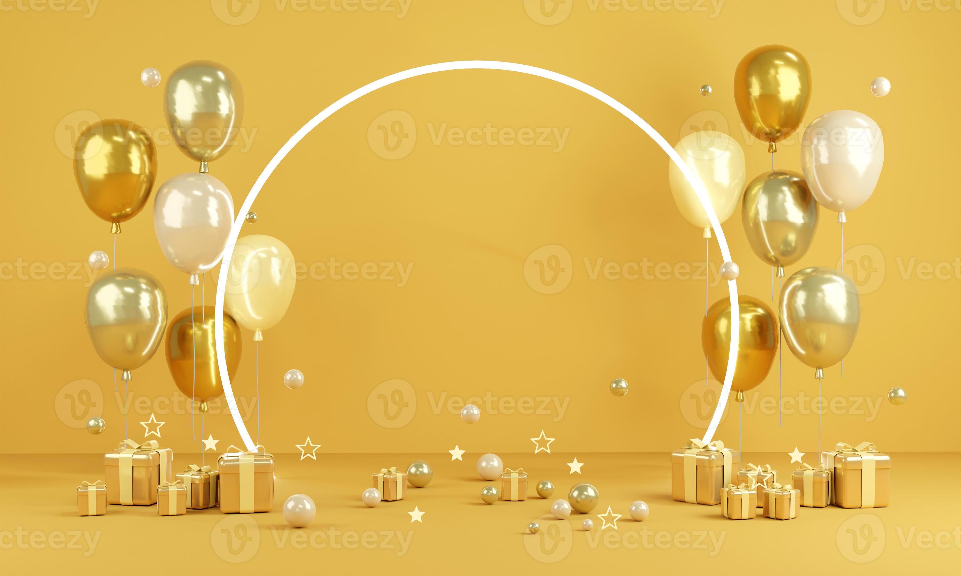 3D Rendering concept of birthday valentine wedding party event background  or for commercial. Yellow theme balloons with light and paper copy space  for text and gift on background. 3D Render. 3D illust