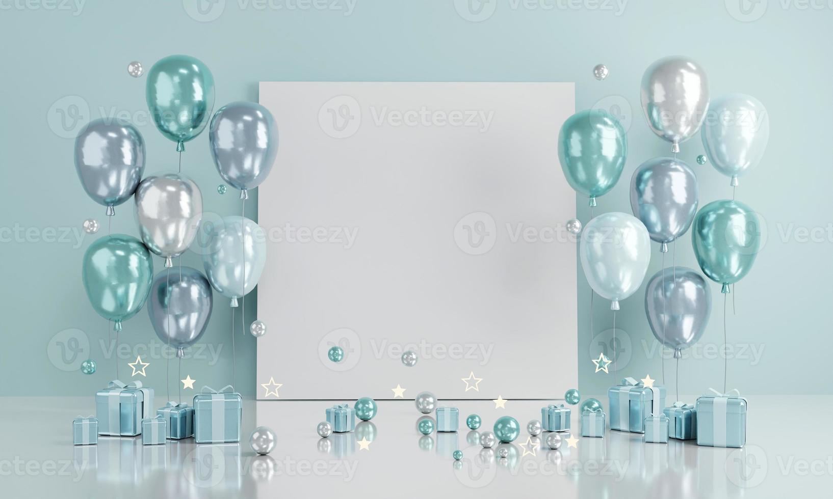 3D Rendering blue theme balloons with blank paper copy space for text and gifts on background concept of invitation birthday valentine wedding card or for commercial. 3D Render. 3D illustration. photo