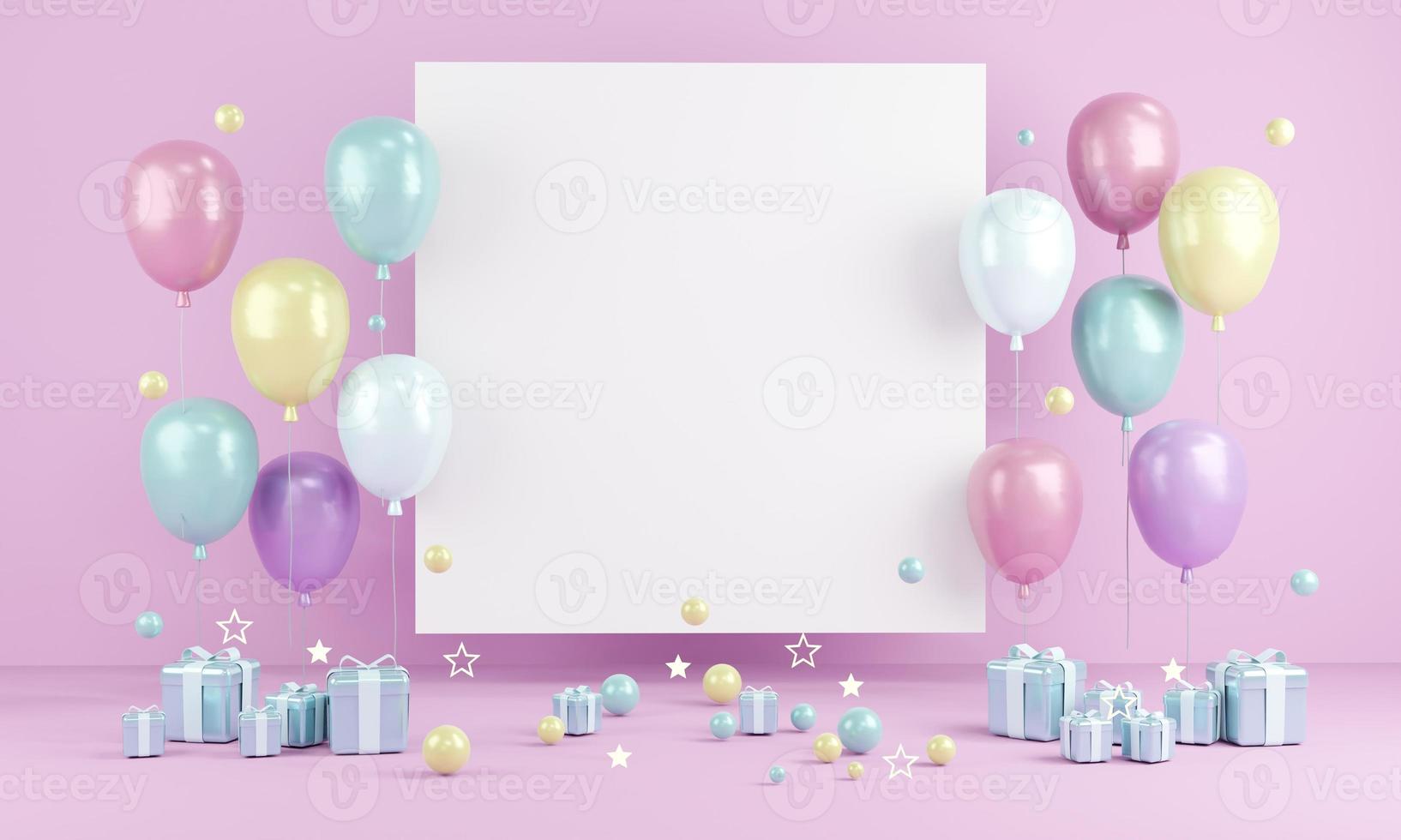 3D Rendering concept of invitation birthday valentine wedding card or for commercial. Pastel theme balloons with blank paper copy space for text and gifts on background. 3D Render. 3D illustration. photo