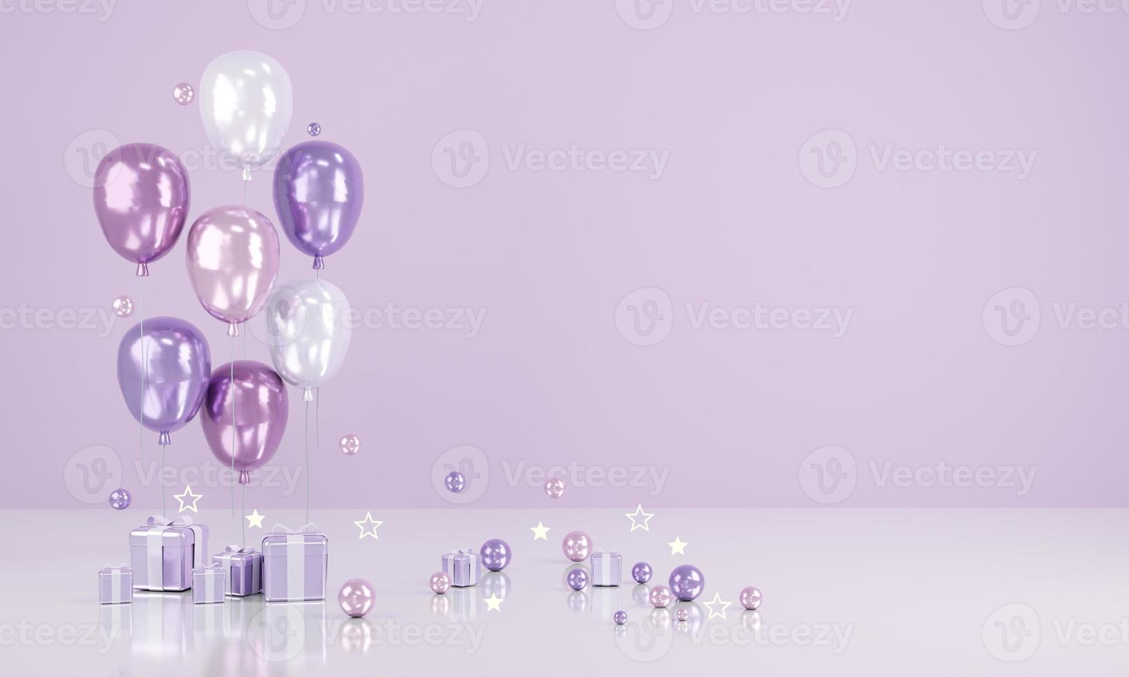 3D Rendering purple theme balloons with blank paper copy space for text and gifts on background concept of invitation birthday valentine wedding card or for commercial. 3D Render. 3D illustration. photo