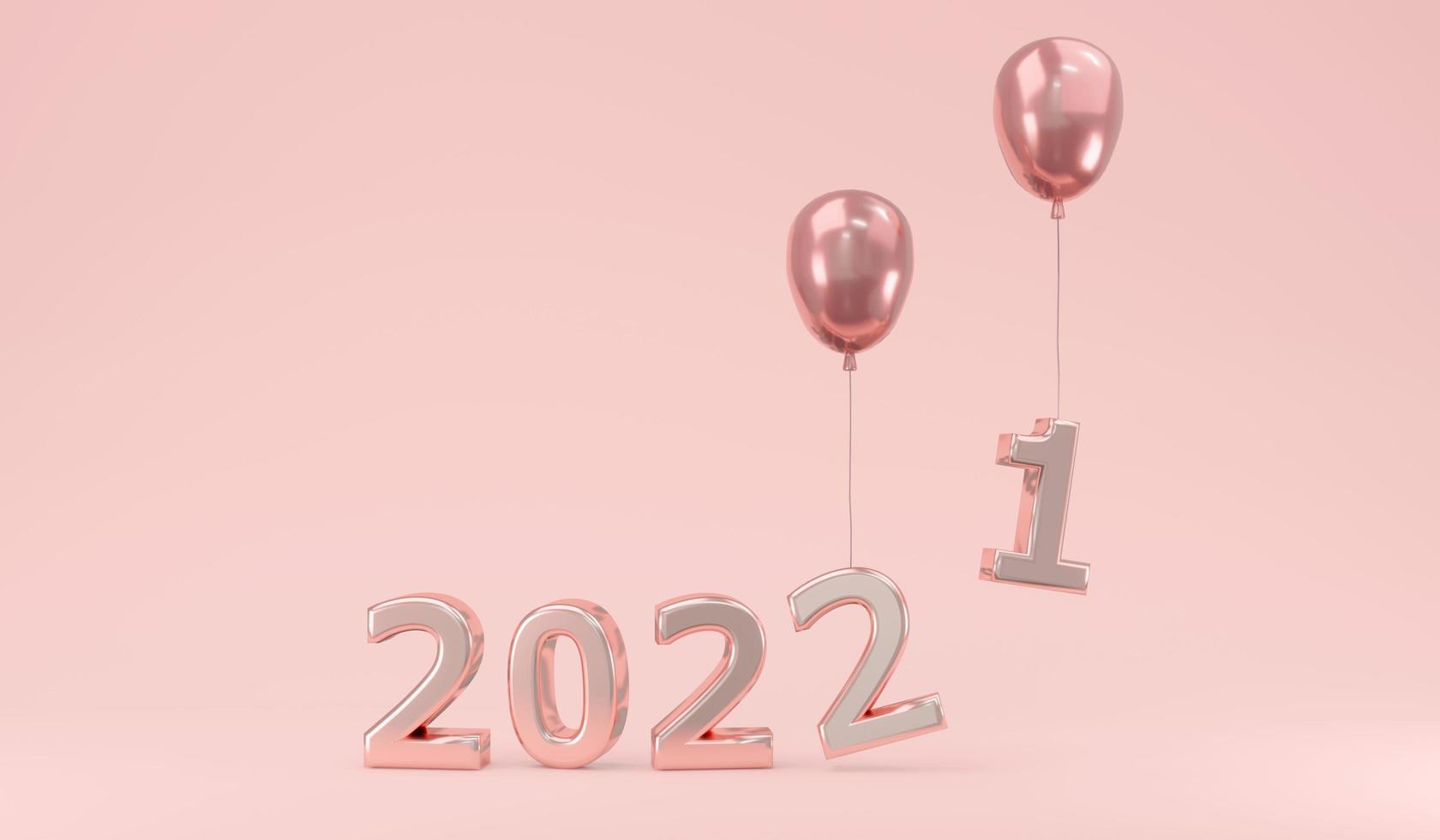 Representación 3d 2022 decoración rosa que cambia de 2021 a 2022 concepto de feliz fondo de vacaciones de año nuevo. Ilustración de procesamiento 3d. foto