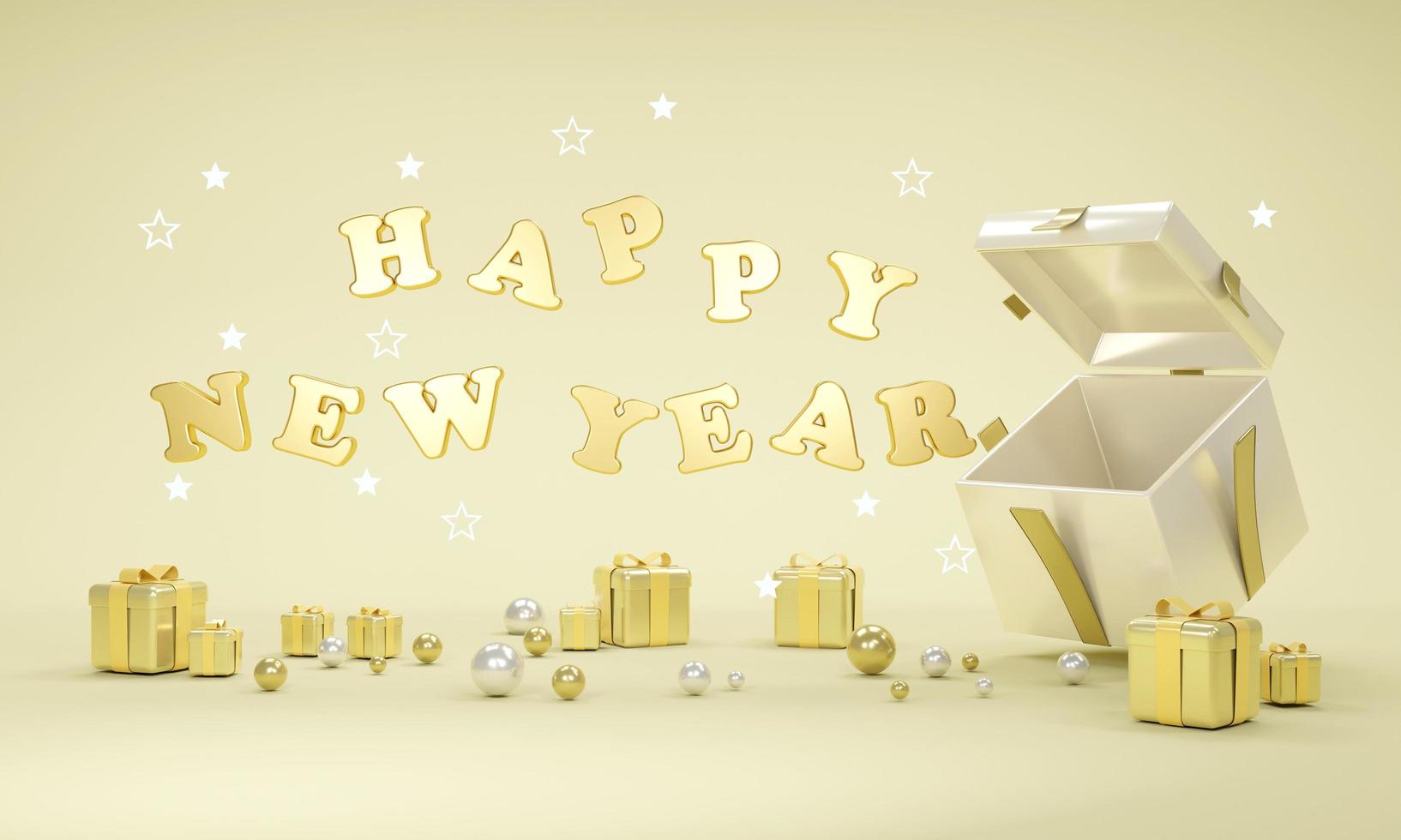 3D Rendering concept of Happy new year text floating from gift box in gold theme. 3D Render. 3D illustration. photo