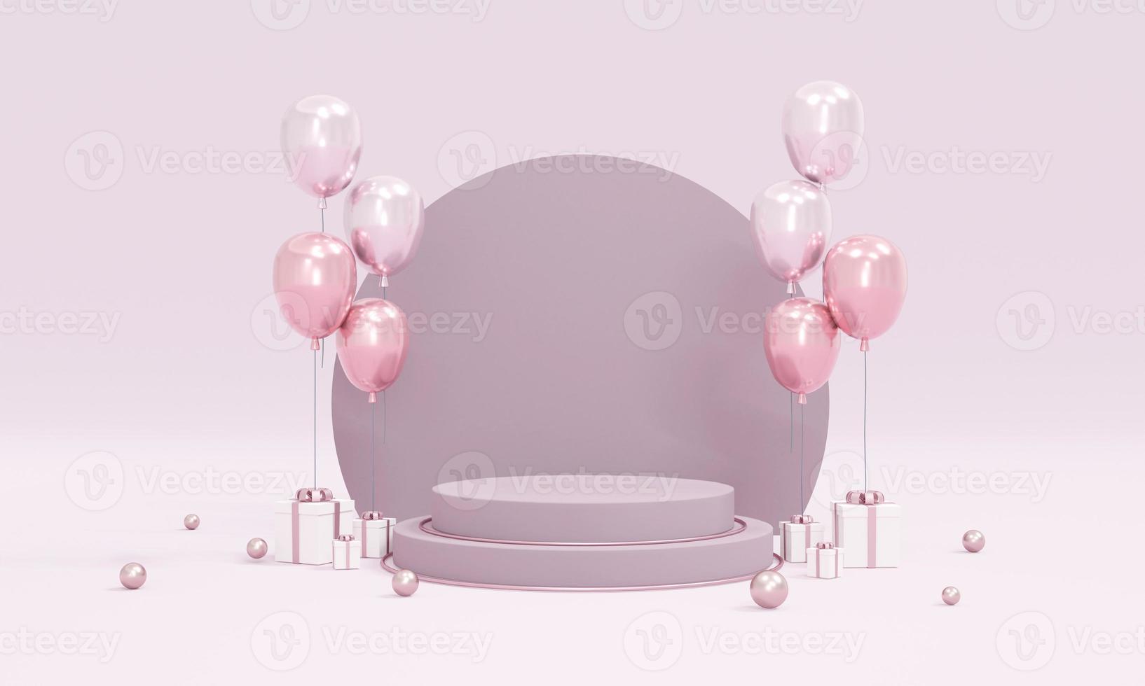 Concepto de representación 3d de exhibición de productos de podio con tema de globos púrpura en el fondo para diseño comercial. procesamiento 3d foto